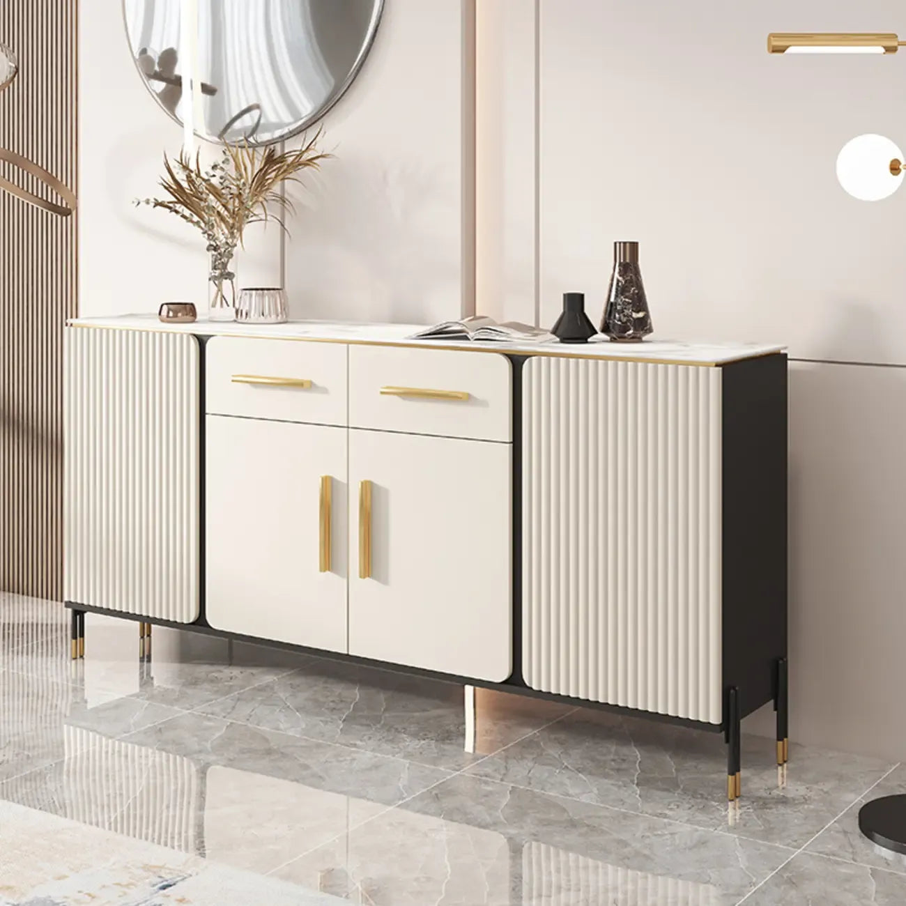 Buffet blanc glamour avec plateau et tiroirs en pierre