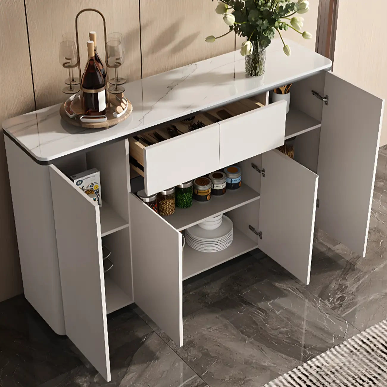 Buffet gris moderne avec plateau en pierre frittée