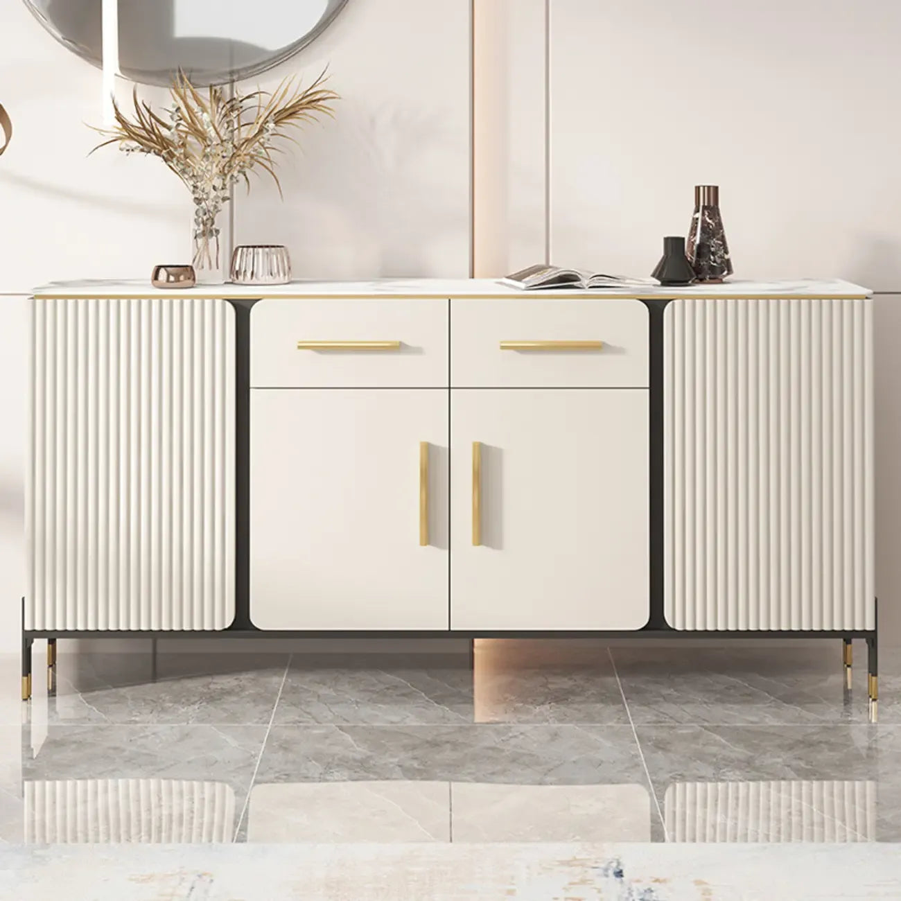 Buffet blanc glamour avec plateau et tiroirs en pierre