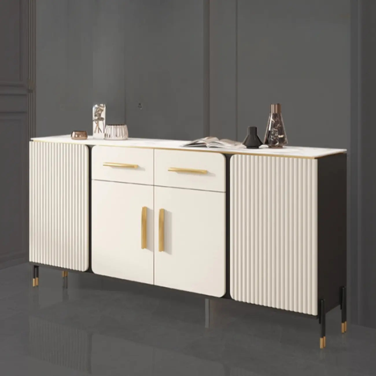 Buffet blanc glamour avec plateau et tiroirs en pierre