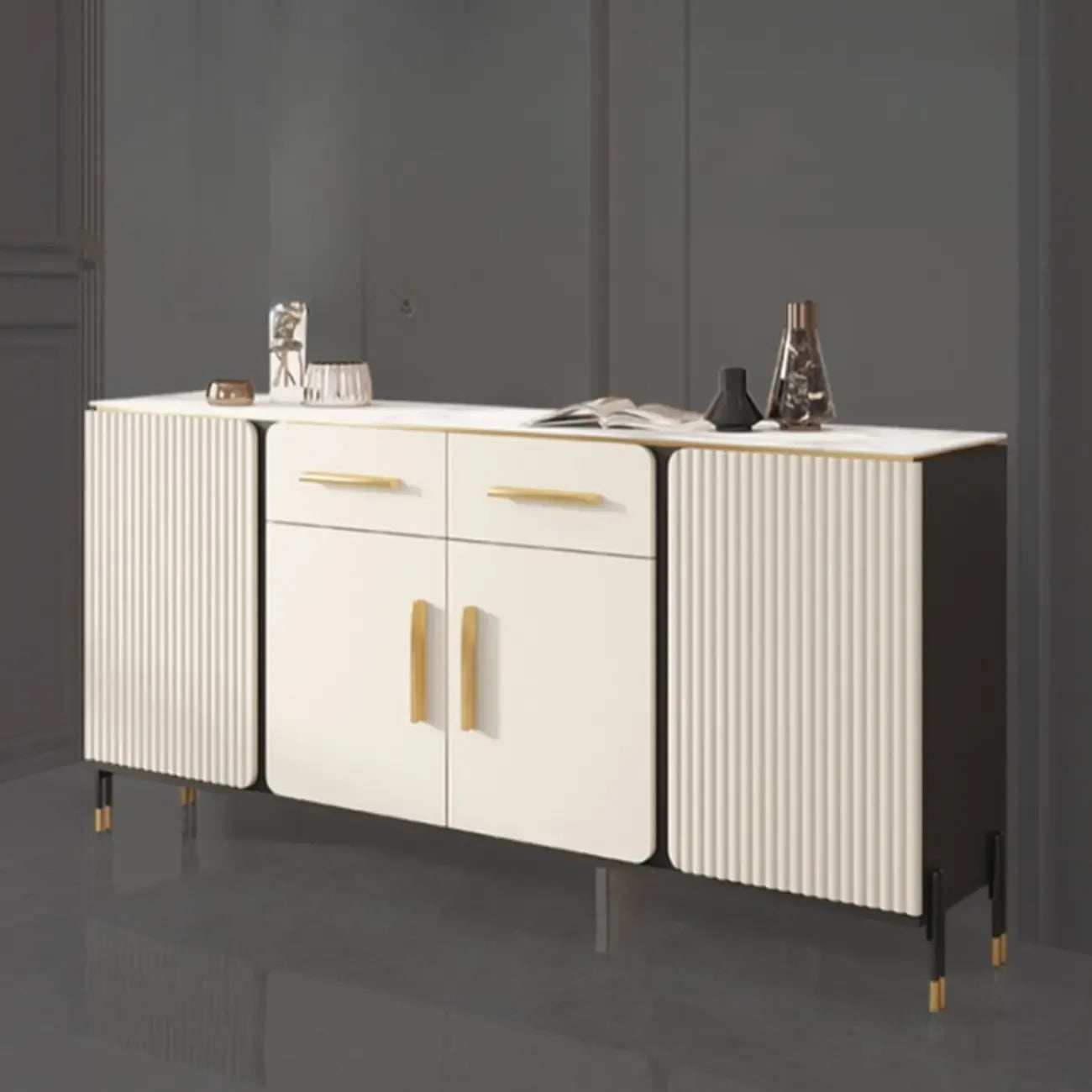 Buffet blanc glamour avec plateau et tiroirs en pierre