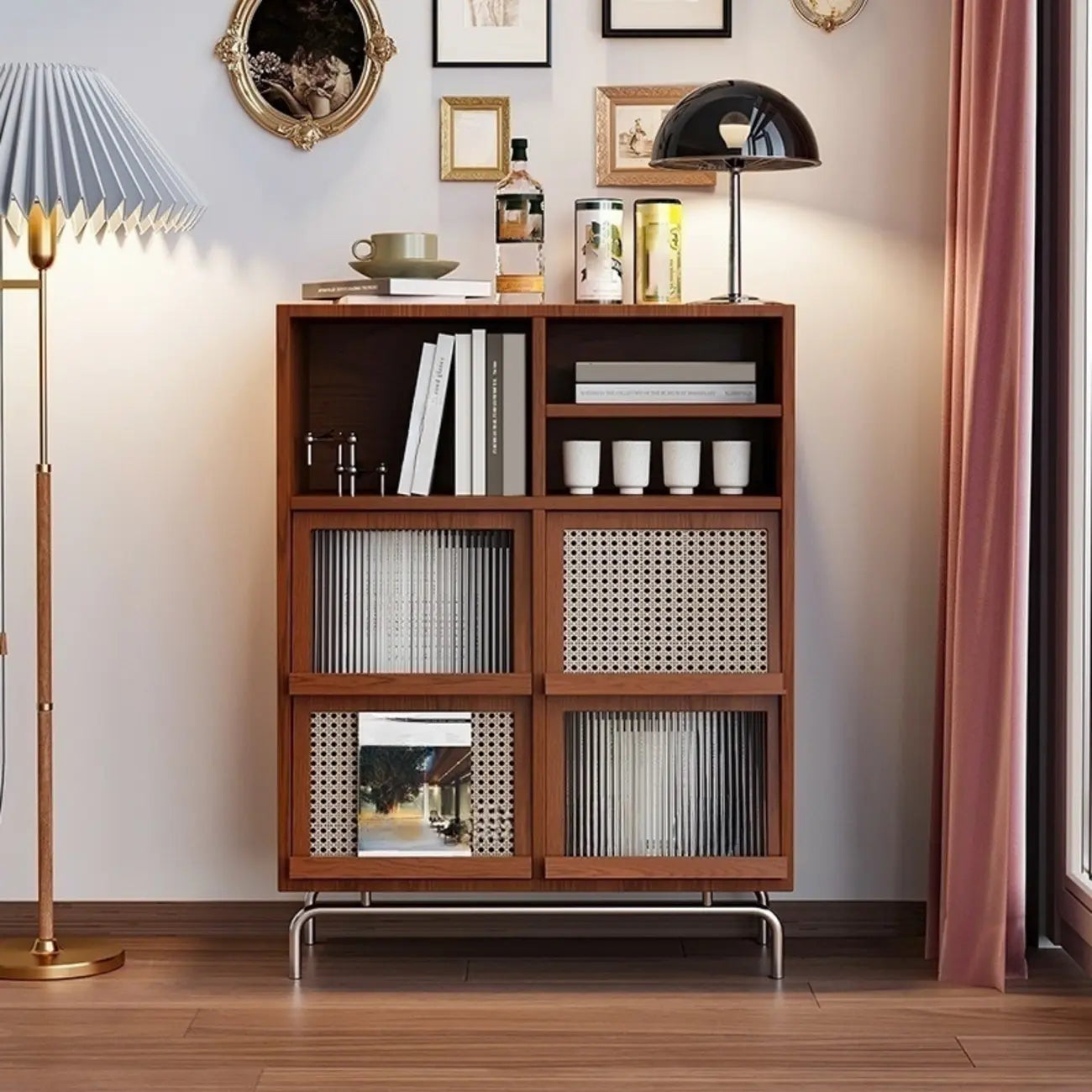 Meuble d'appoint pour salon, en bois brun et pieds en métal