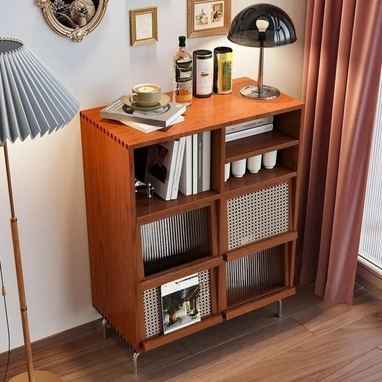Meuble d'appoint pour salon, en bois brun et pieds en métal