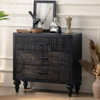 Meuble rectangulaire en bois noir vieilli sculpté de style Mid-Century