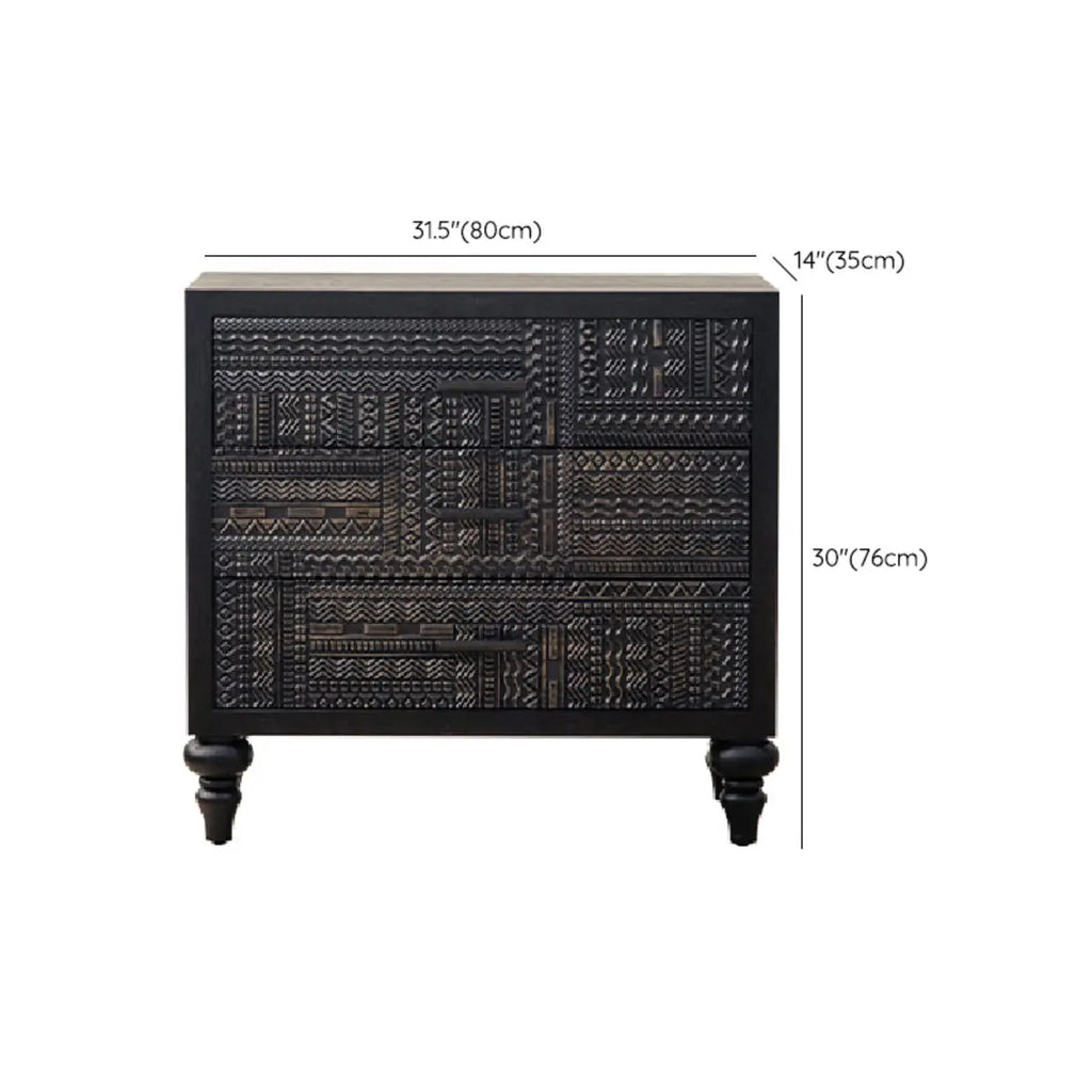 Meuble rectangulaire en bois noir vieilli sculpté de style Mid-Century