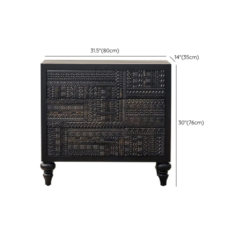 Meuble rectangulaire en bois noir vieilli sculpté de style Mid-Century