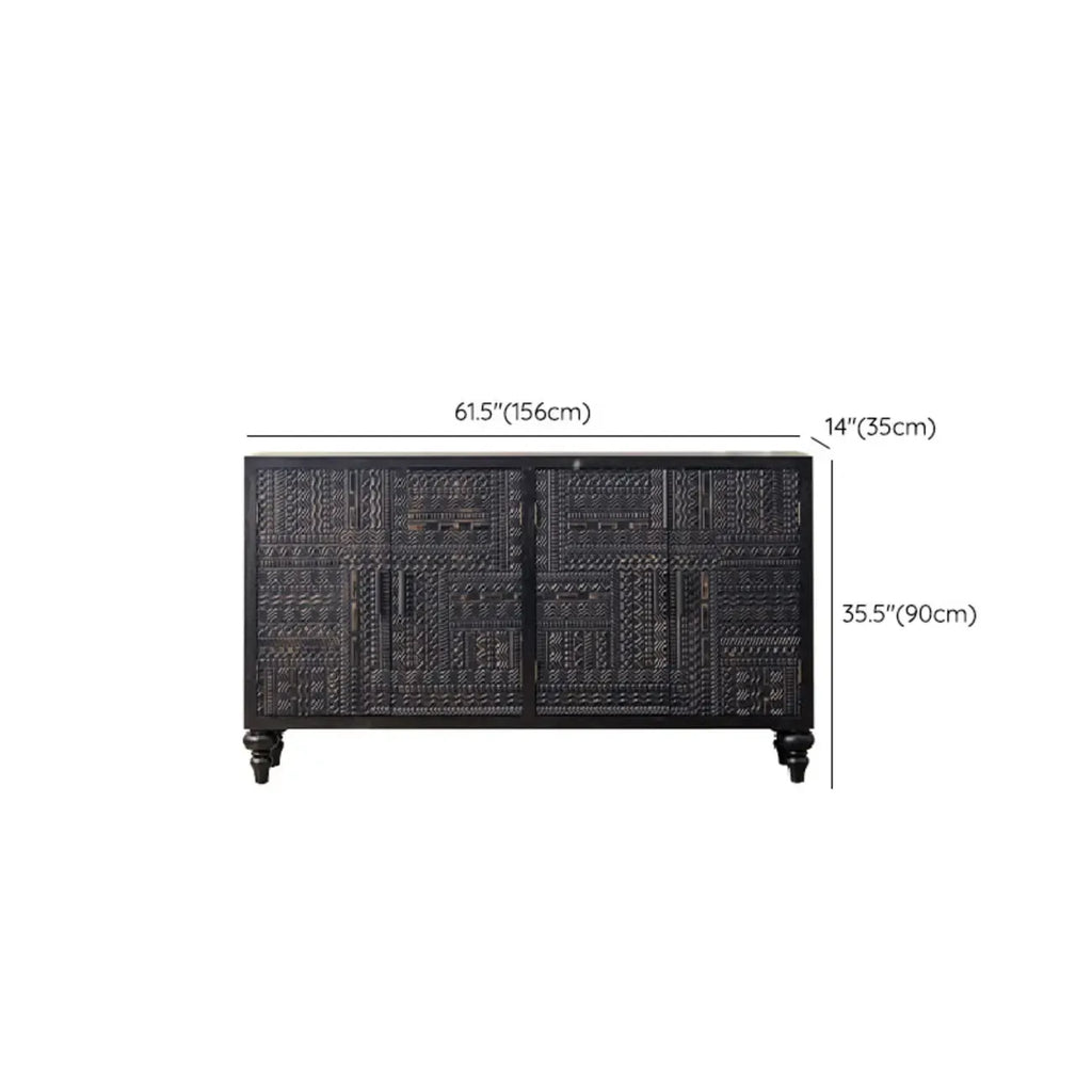 Meuble rectangulaire en bois noir vieilli sculpté de style Mid-Century
