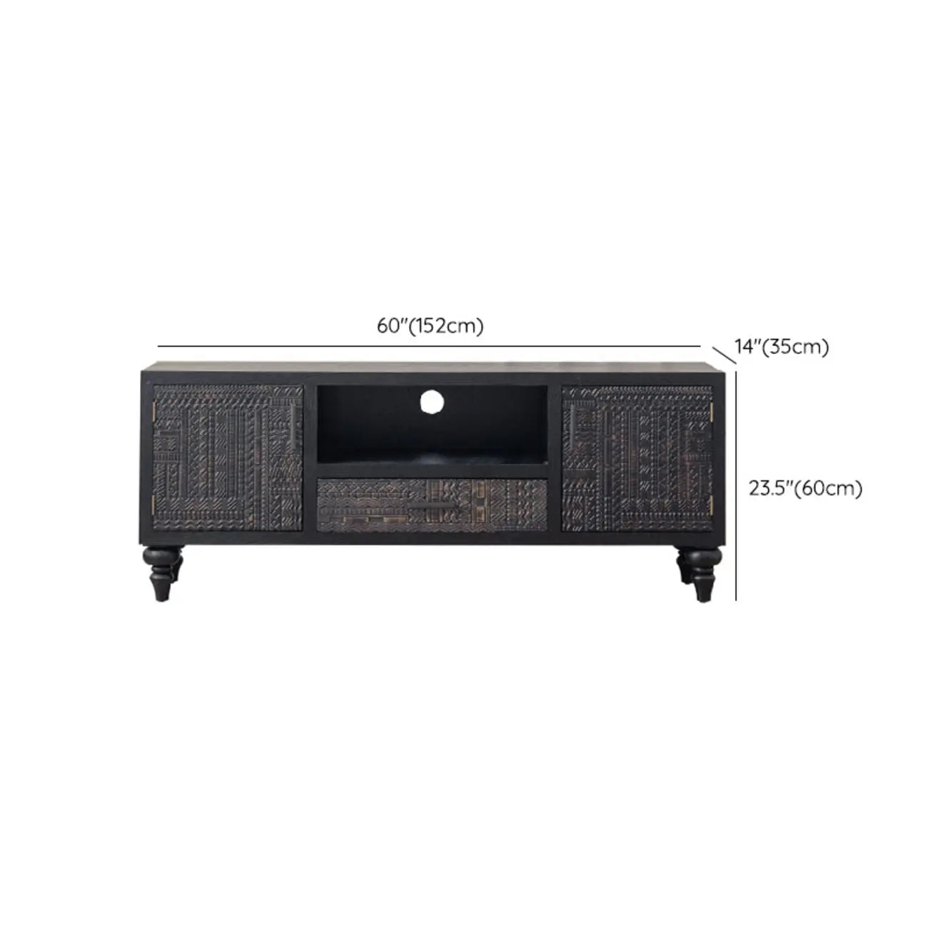 Meuble rectangulaire en bois noir vieilli sculpté de style Mid-Century