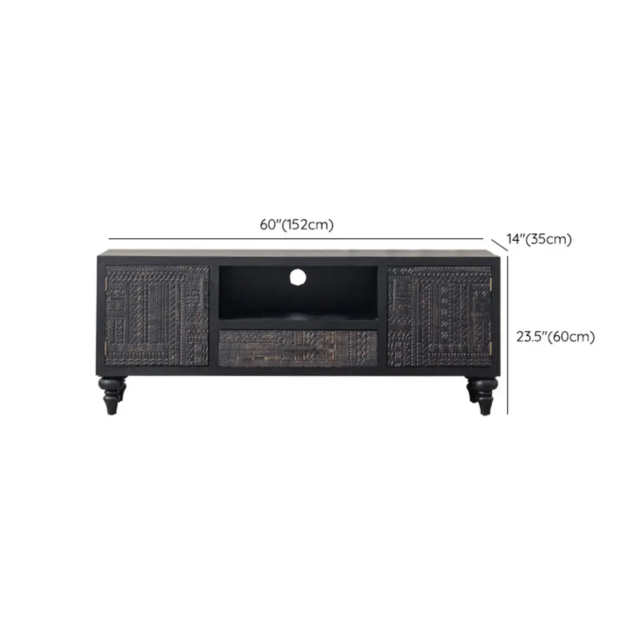 Meuble rectangulaire en bois noir vieilli sculpté de style Mid-Century