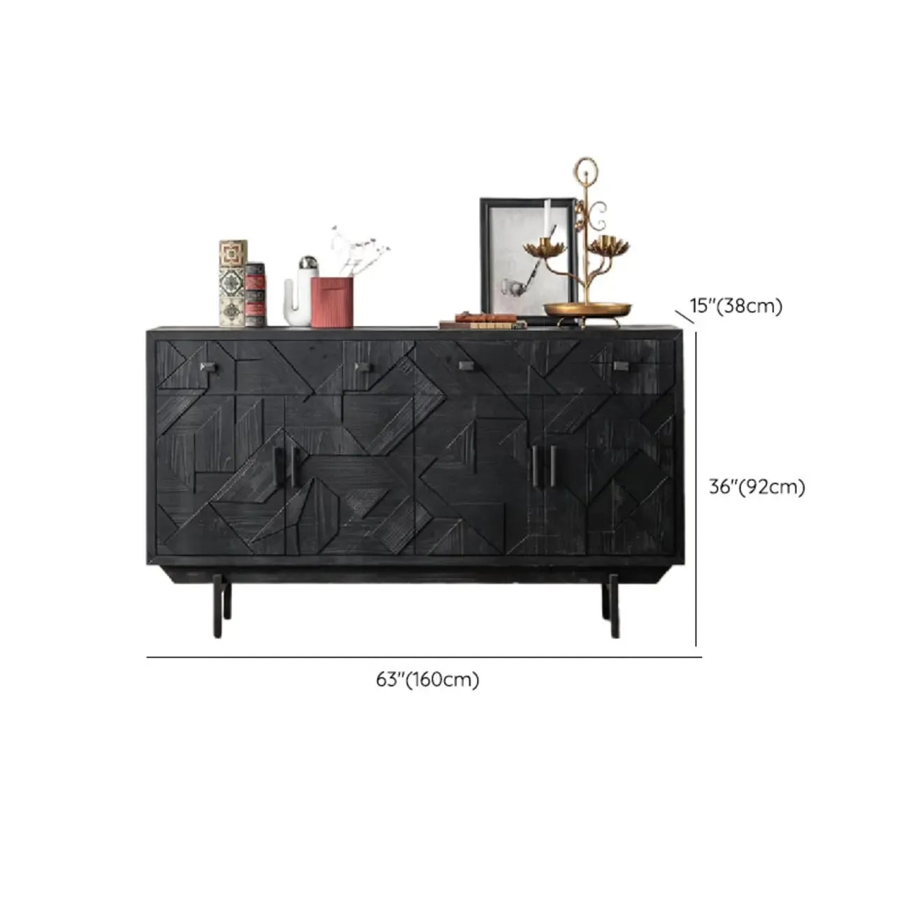 Meuble rectangulaire en bois noir vieilli sculpté de style Mid-Century