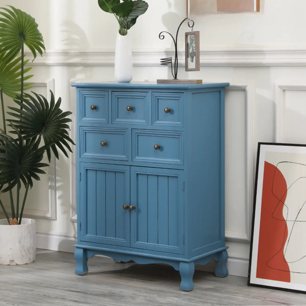 Meuble d'appoint rustique en bois blanc avec plusieurs tiroirs