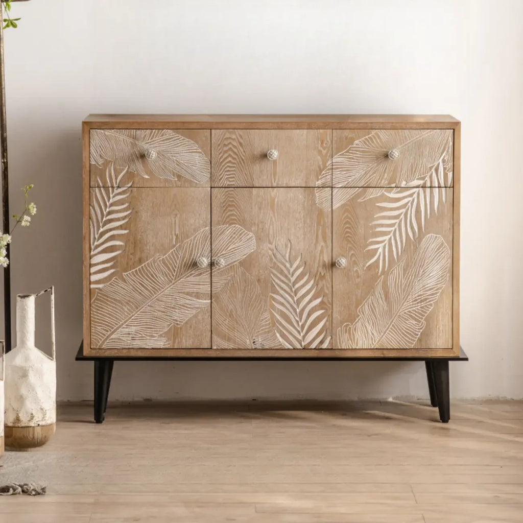 Meuble de salon en bois de style campagnard français avec motifs de feuilles