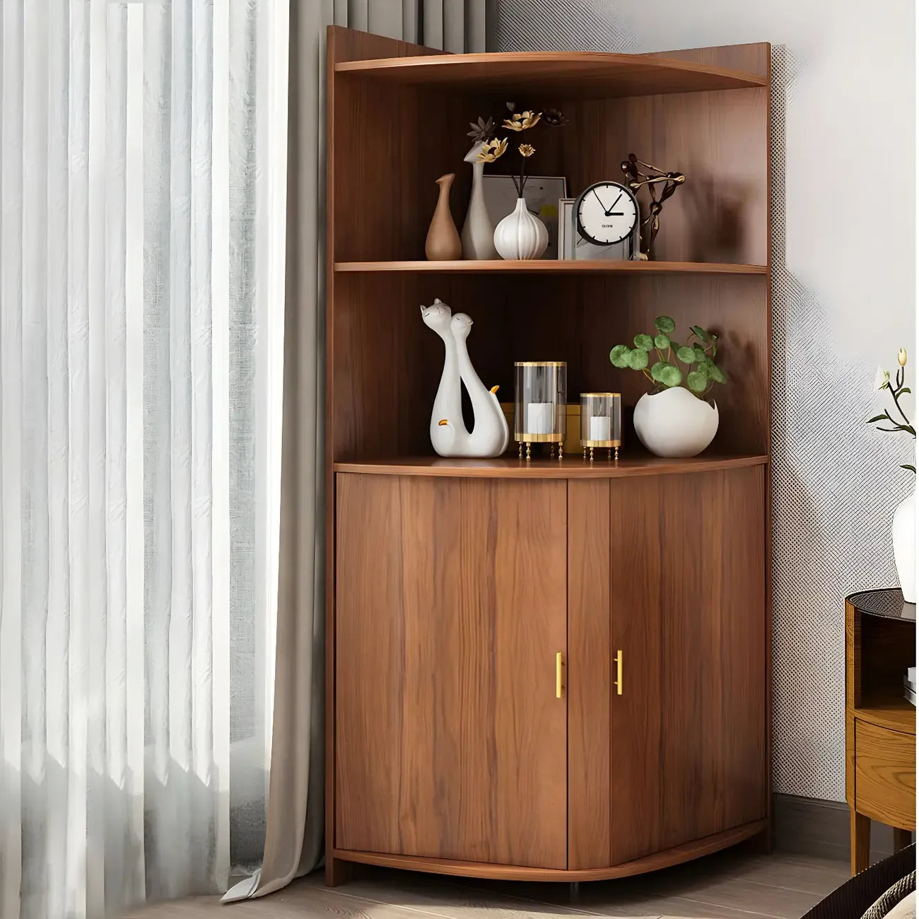 Vitrine d'angle moderne en bois brun avec grand espace de rangement
