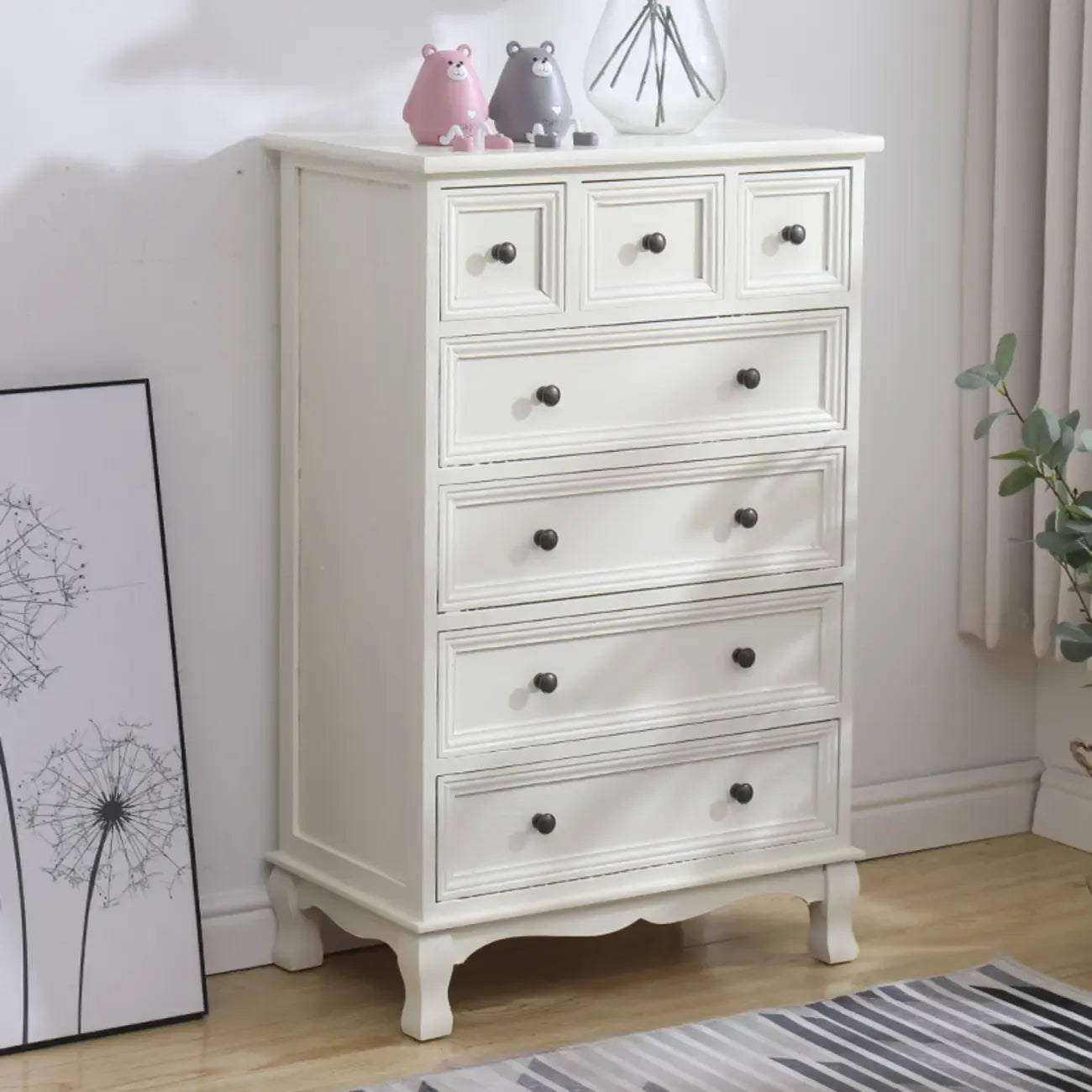Meuble d'appoint rustique en bois blanc avec plusieurs tiroirs