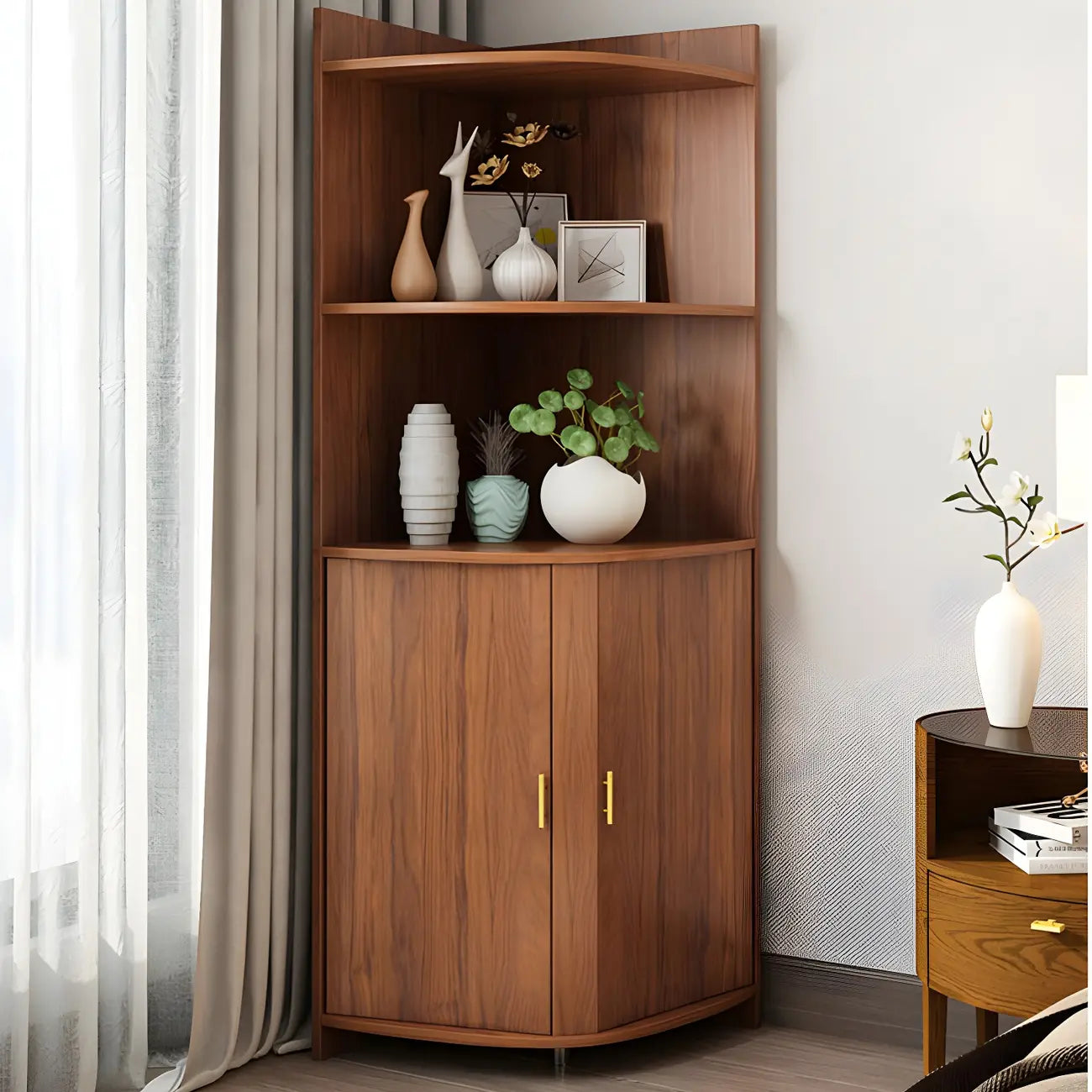 Vitrine d'angle moderne en bois brun avec grand espace de rangement