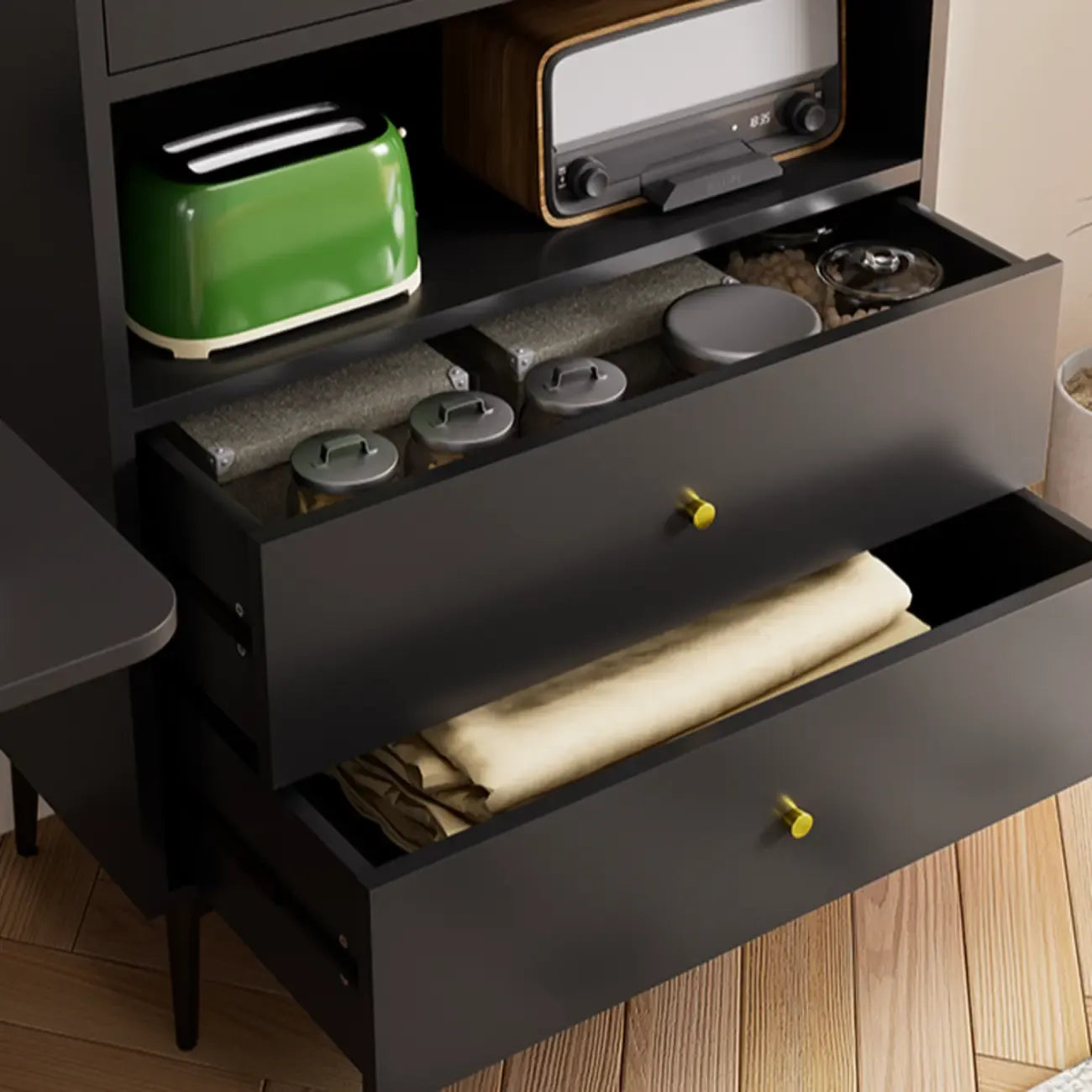 Armoire de rangement moderne noire avec étagère extérieure et tiroirs
