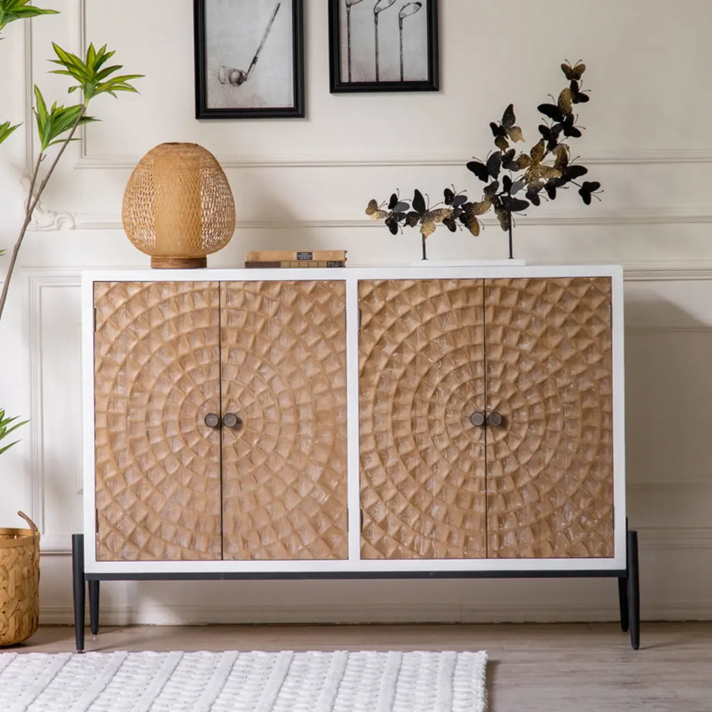 Meuble rectangulaire rustique autoportant en bois blanc et base en fer