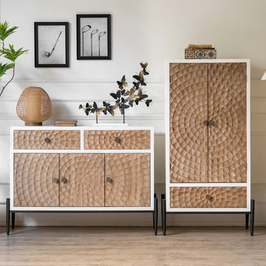 Meuble rectangulaire rustique autoportant en bois blanc et base en fer