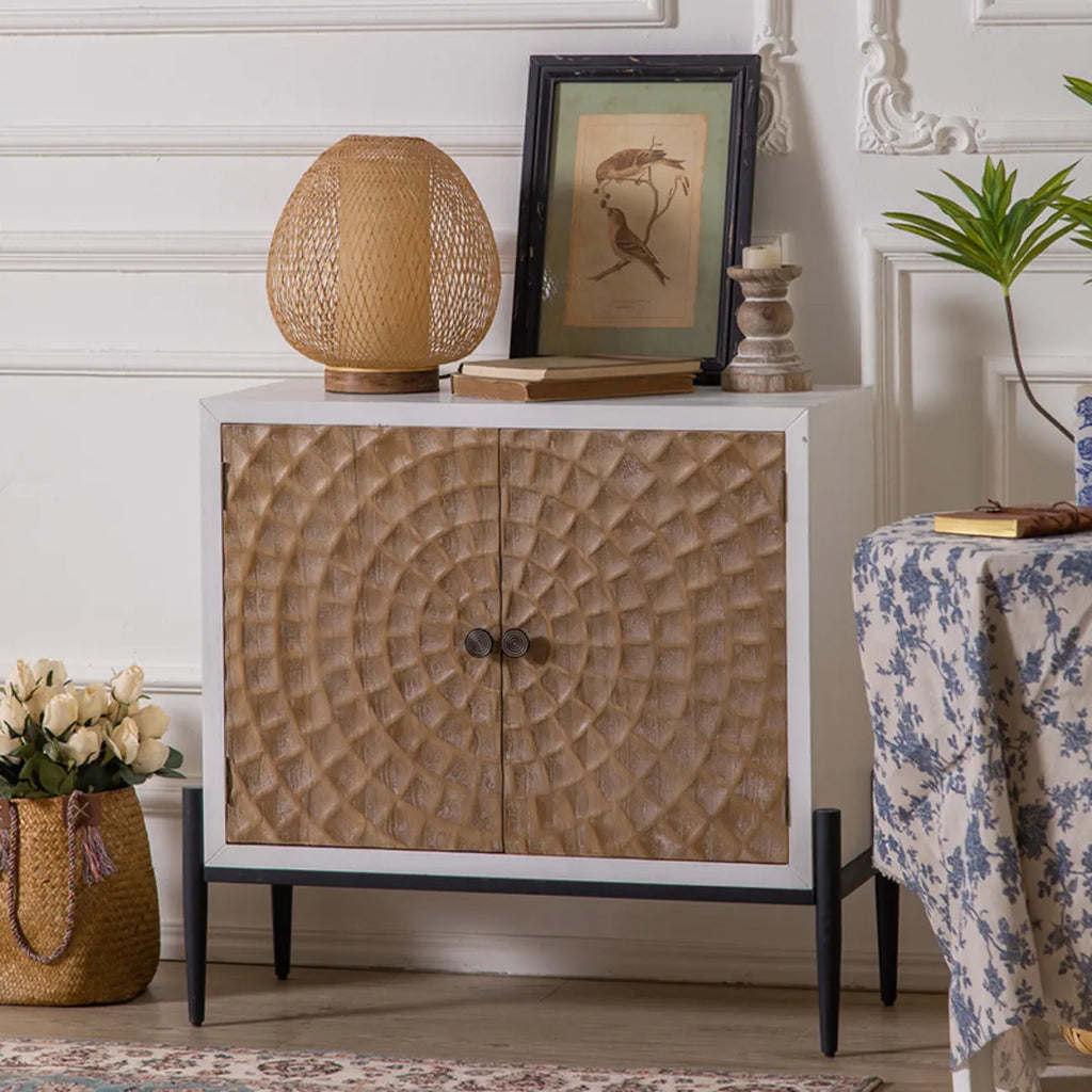 Meuble rectangulaire rustique autoportant en bois blanc et base en fer