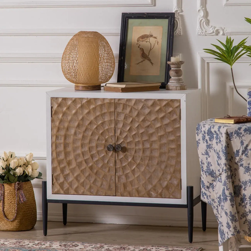 Meuble rectangulaire rustique autoportant en bois blanc et base en fer