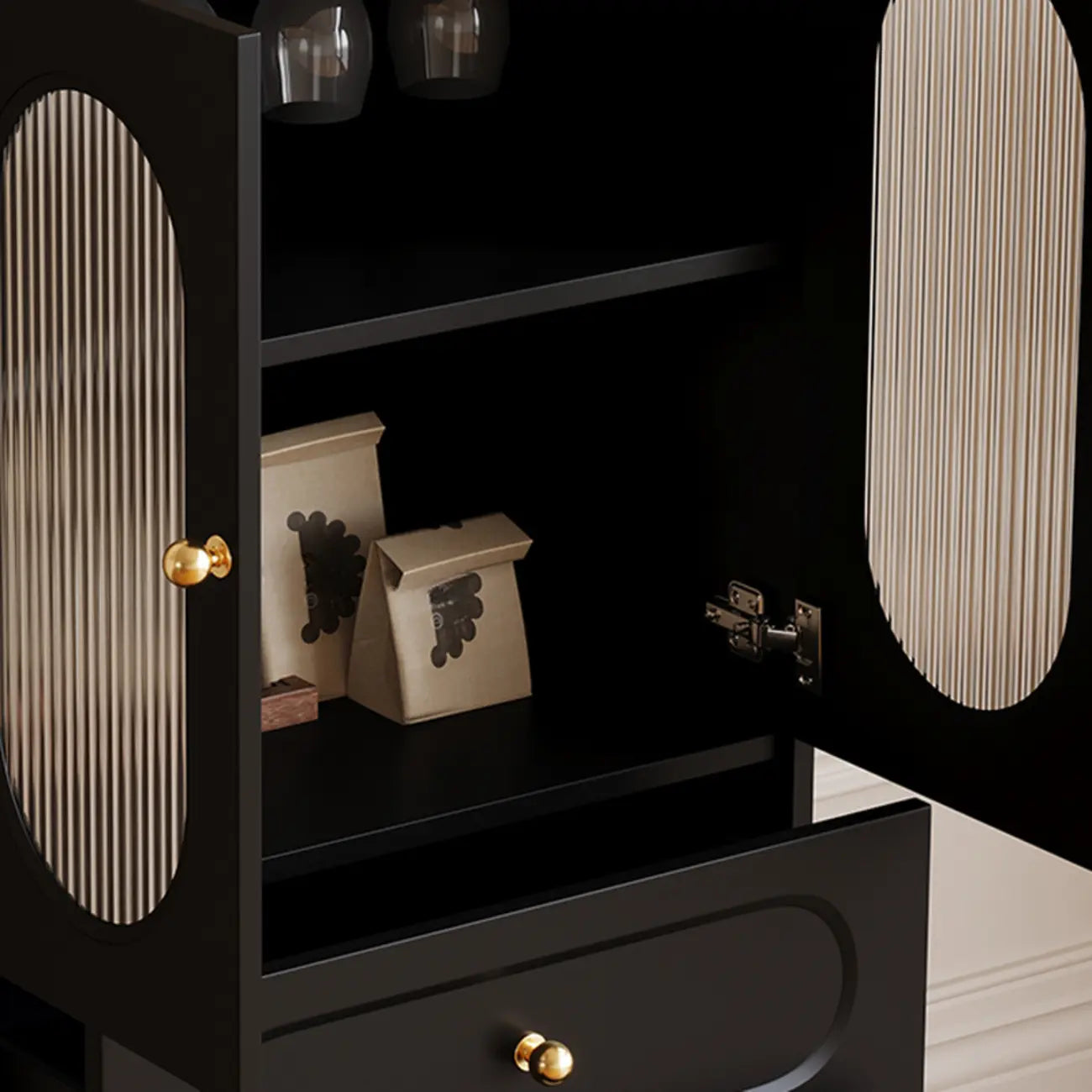 Élégant meuble d'appoint en bois noir avec tiroirs et portes