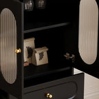 Élégant meuble d'appoint en bois noir avec tiroirs et portes