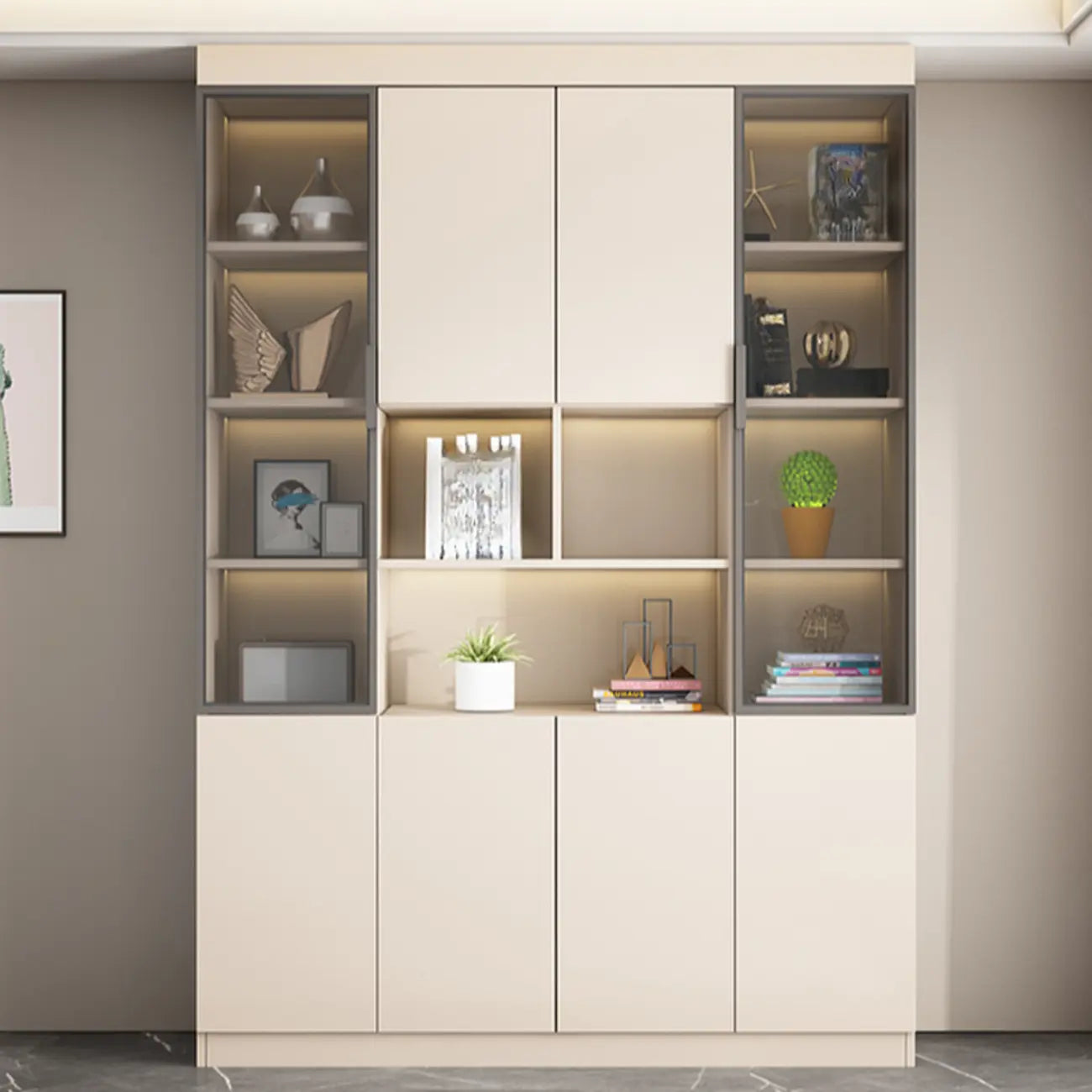 Grande vitrine de rangement ouverte en bois, du sol au plafond