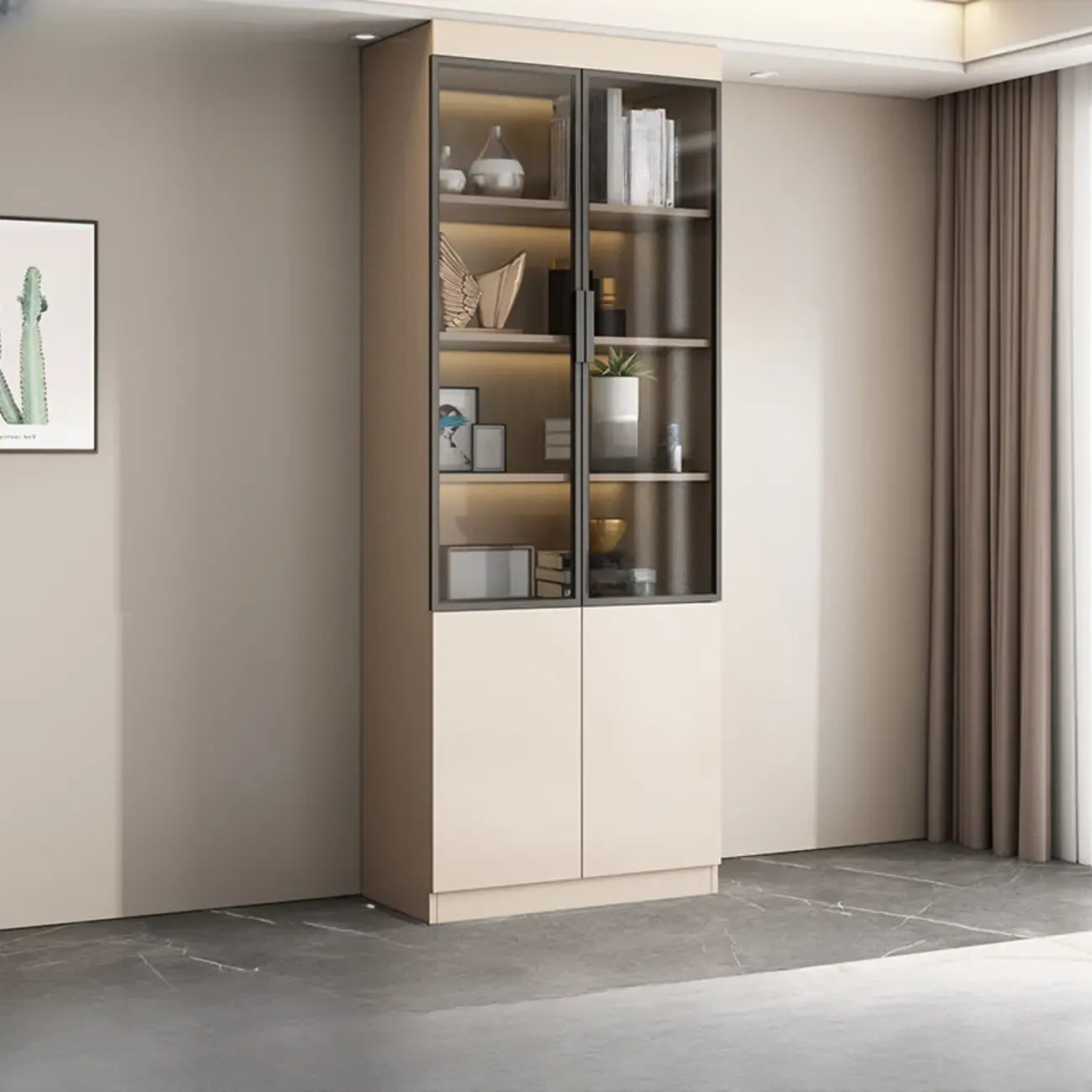 Grande vitrine de rangement ouverte en bois, du sol au plafond