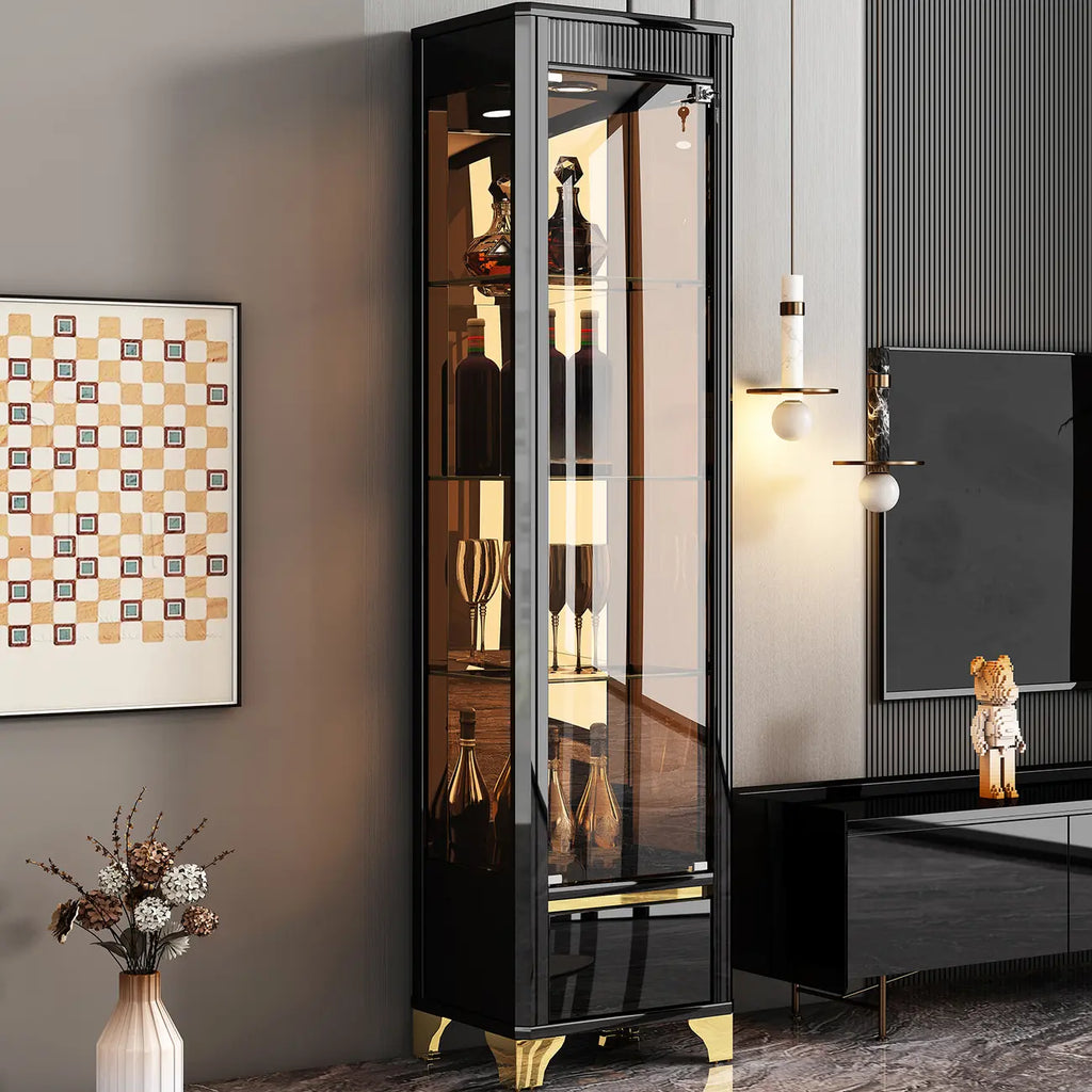 Élégante vitrine en verre avec pieds noirs et dorés