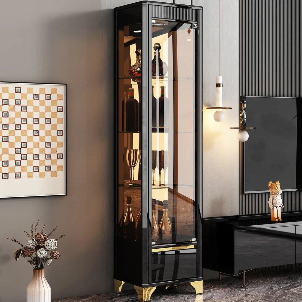 Élégante vitrine en verre avec pieds noirs et dorés