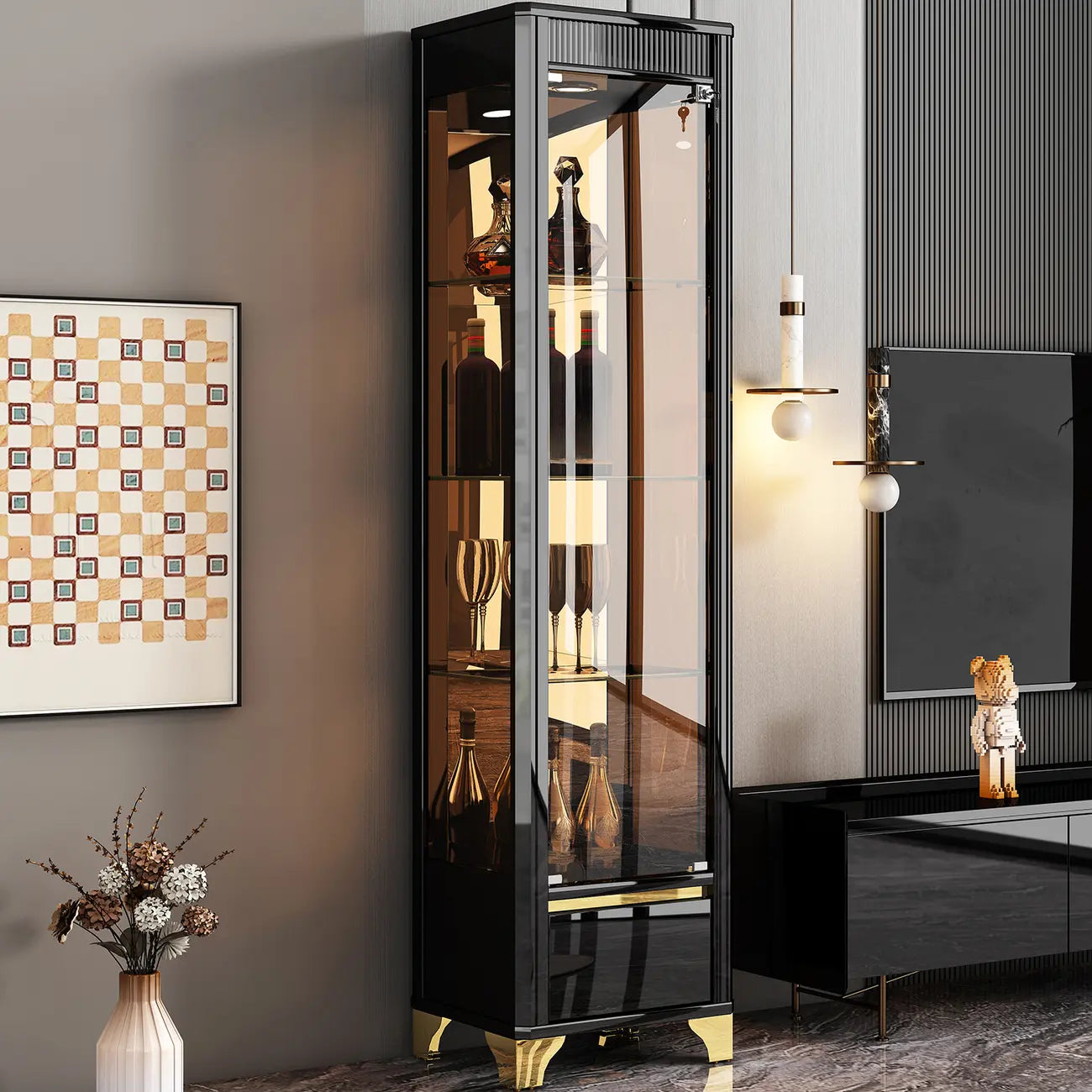 Élégante vitrine en verre avec pieds noirs et dorés