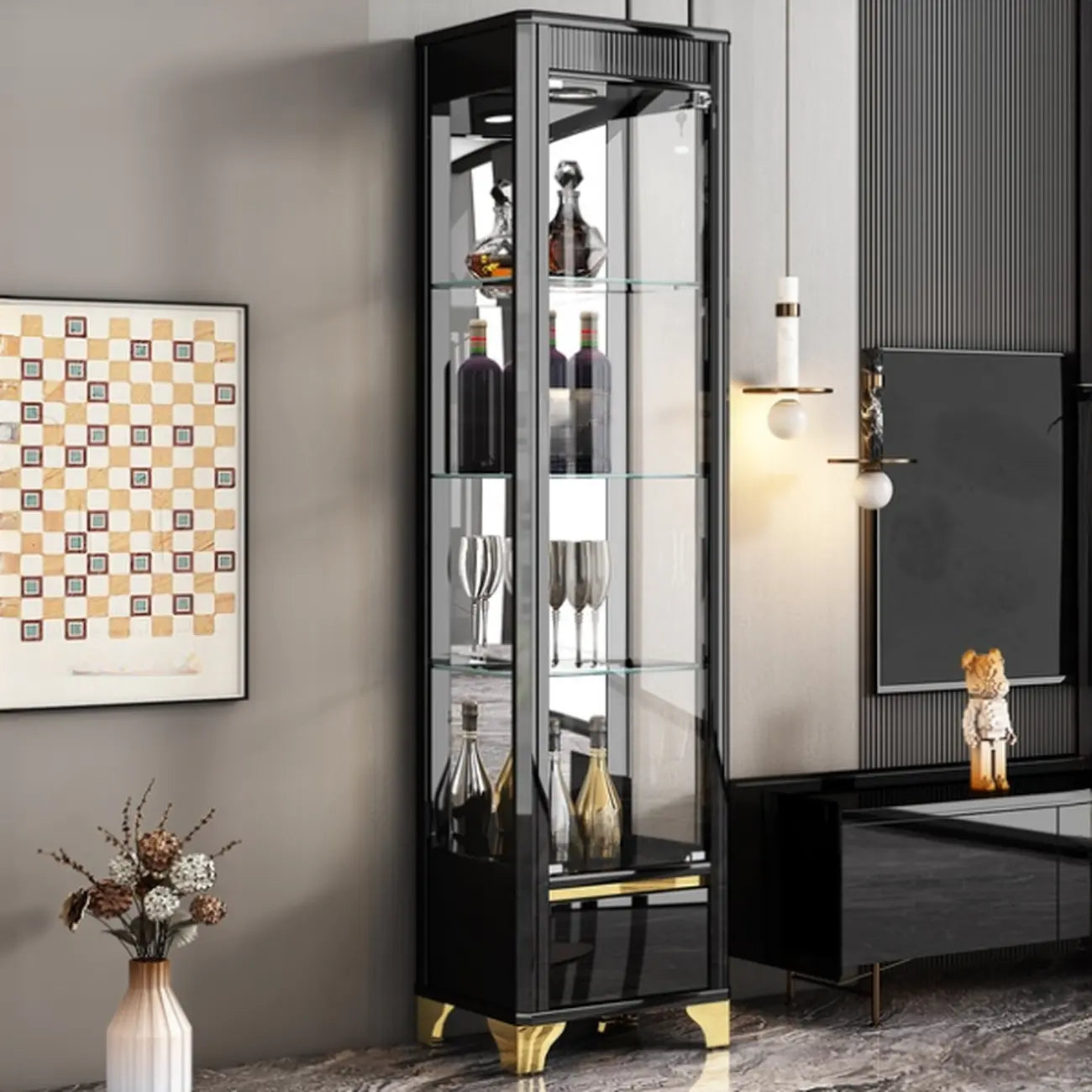 Élégante vitrine en verre avec pieds noirs et dorés