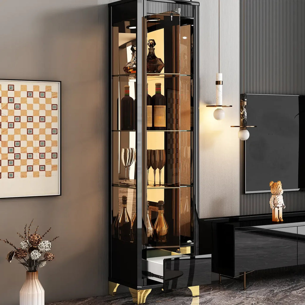 Élégante vitrine en verre avec pieds noirs et dorés