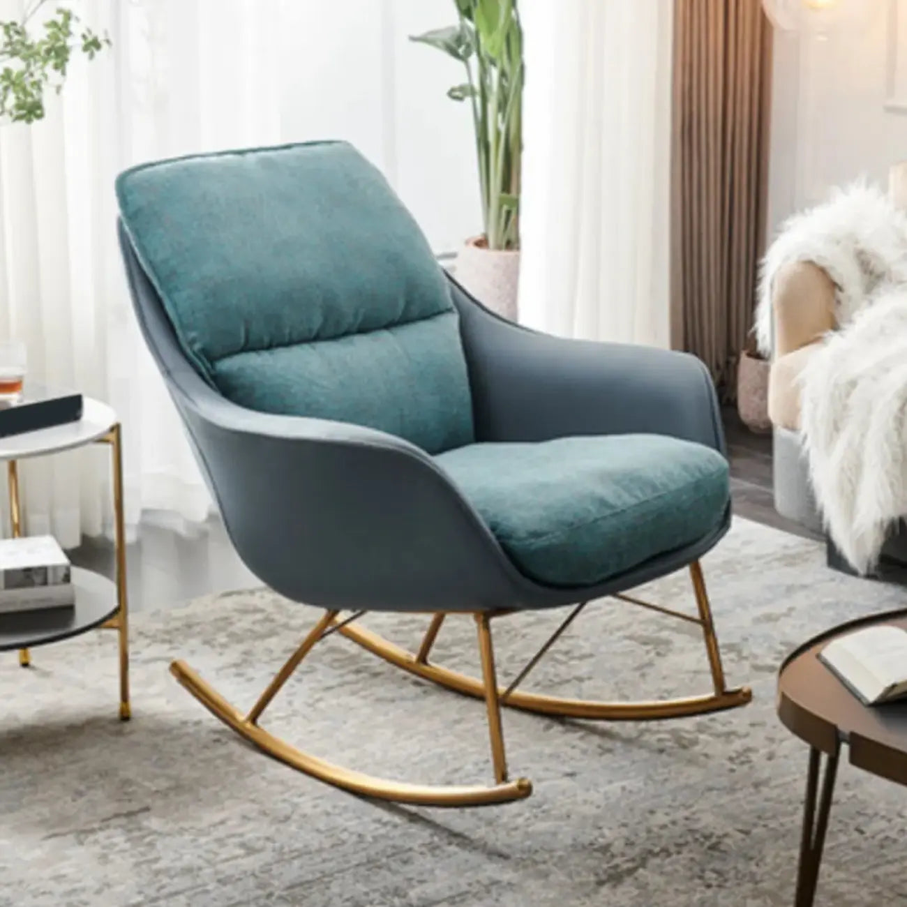 Fauteuil à bascule rembourré à motif pied-de-poule avec accoudoirs droits