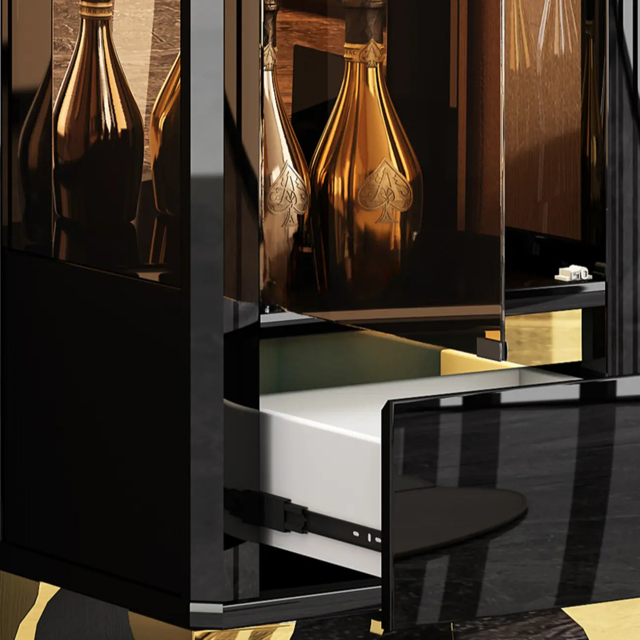 Élégante vitrine en verre avec pieds noirs et dorés