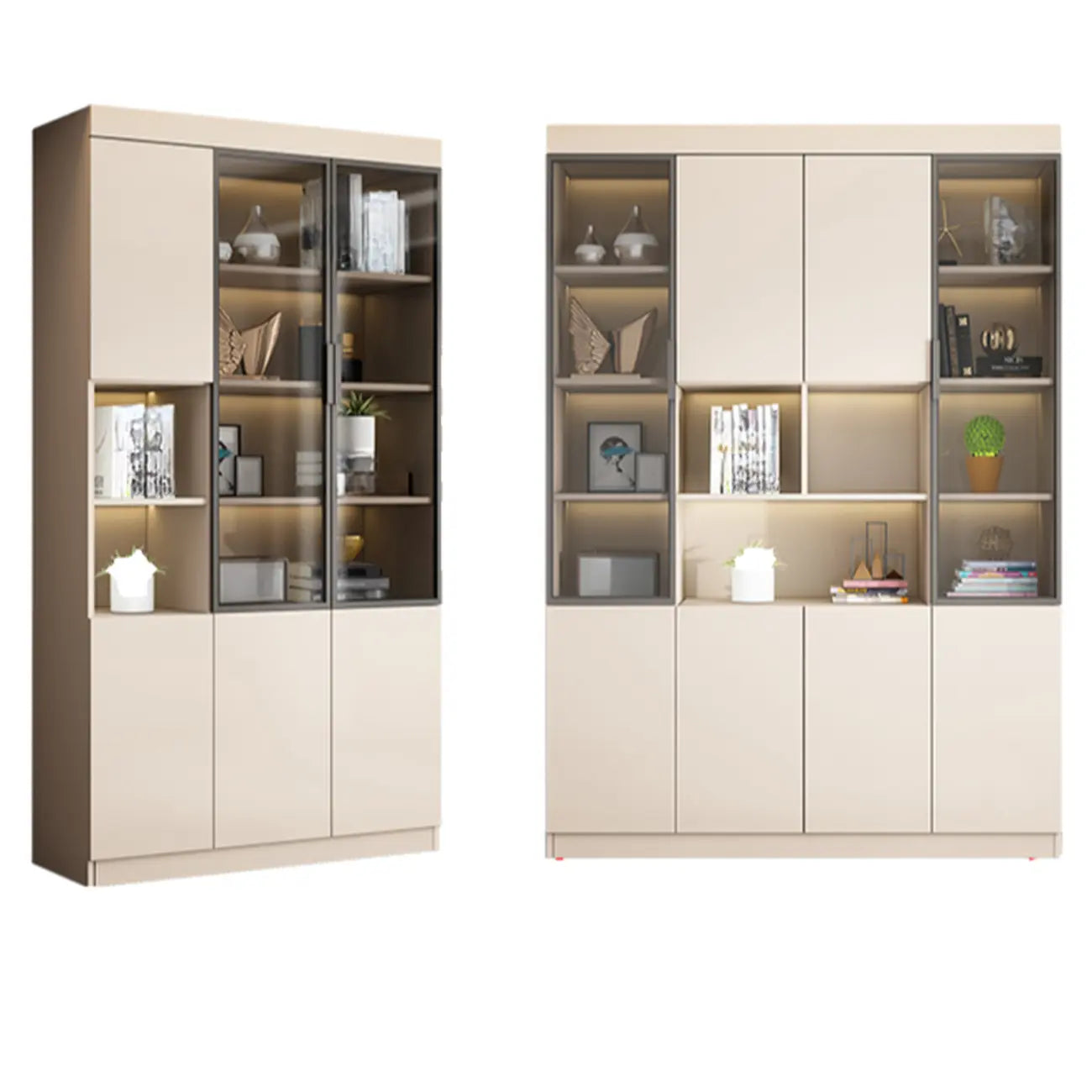 Grande vitrine de rangement ouverte en bois, du sol au plafond