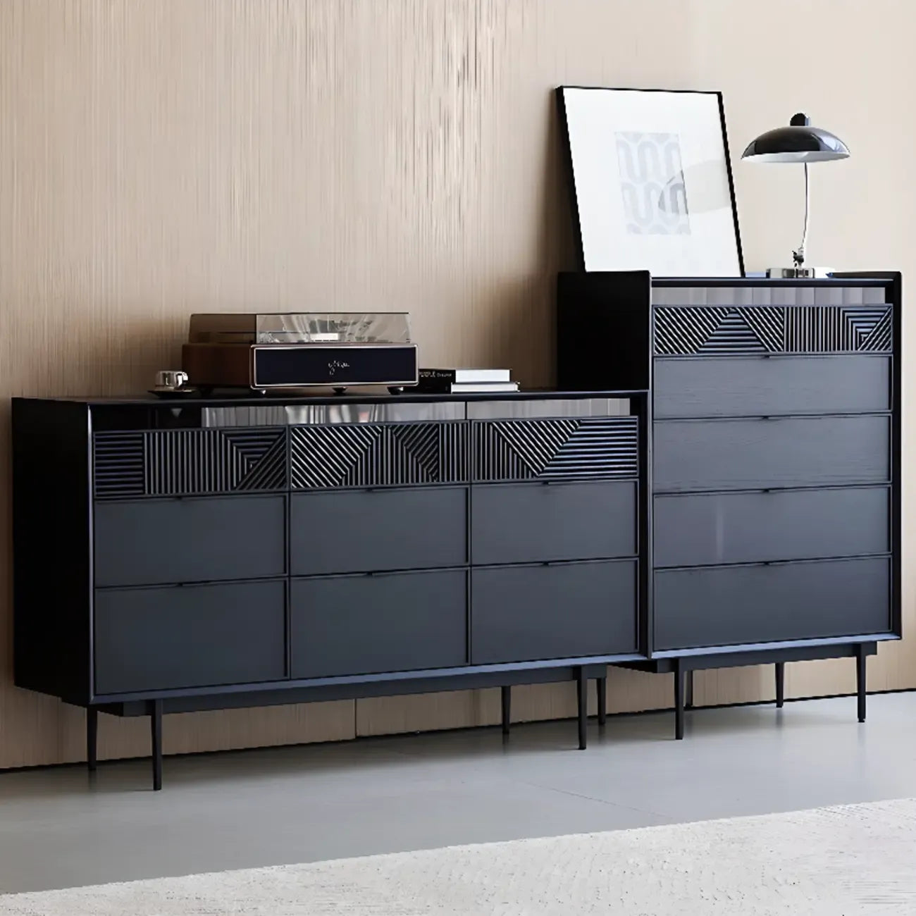 Meuble rectangulaire noir moderne avec tiroirs pour salon