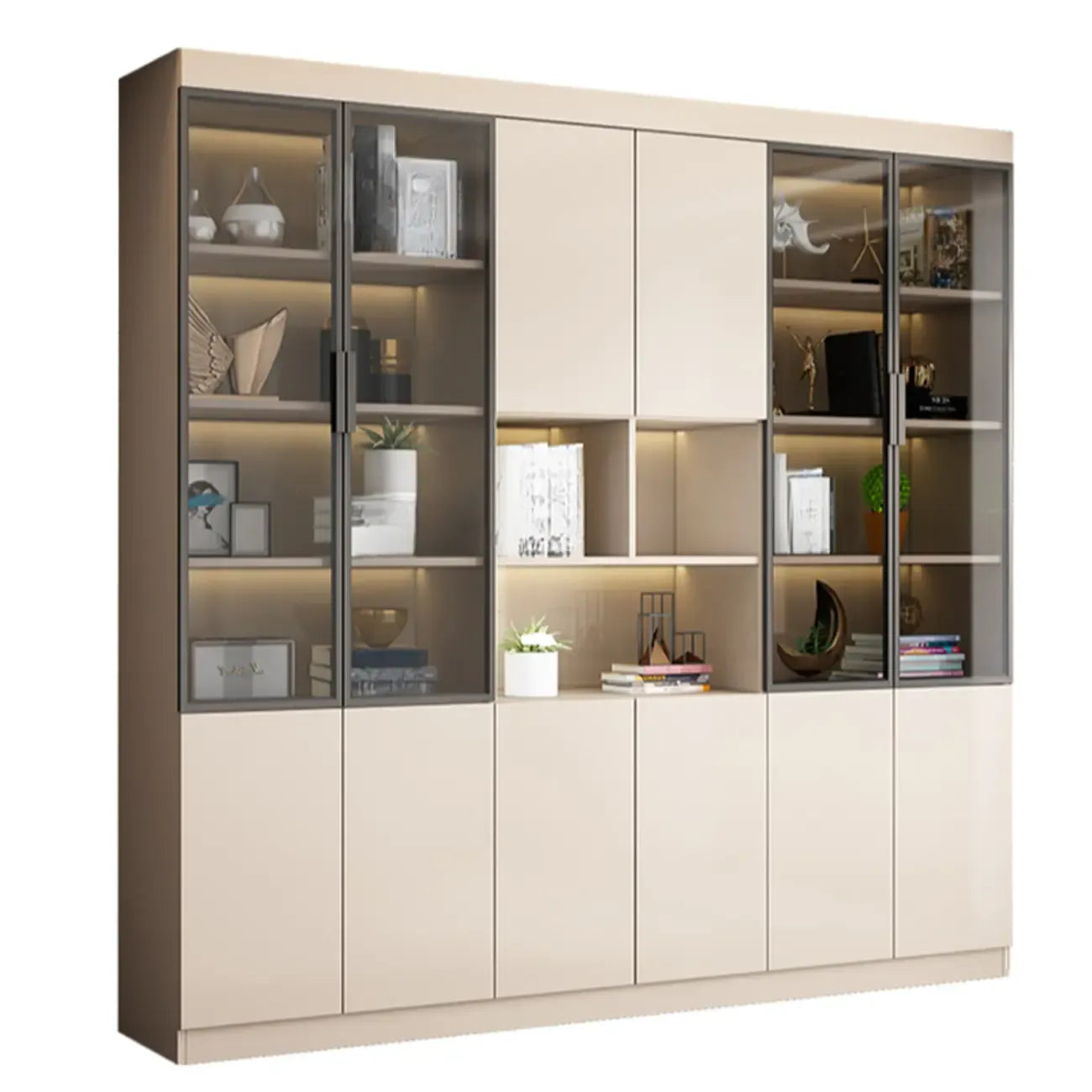 Grande vitrine de rangement ouverte en bois, du sol au plafond