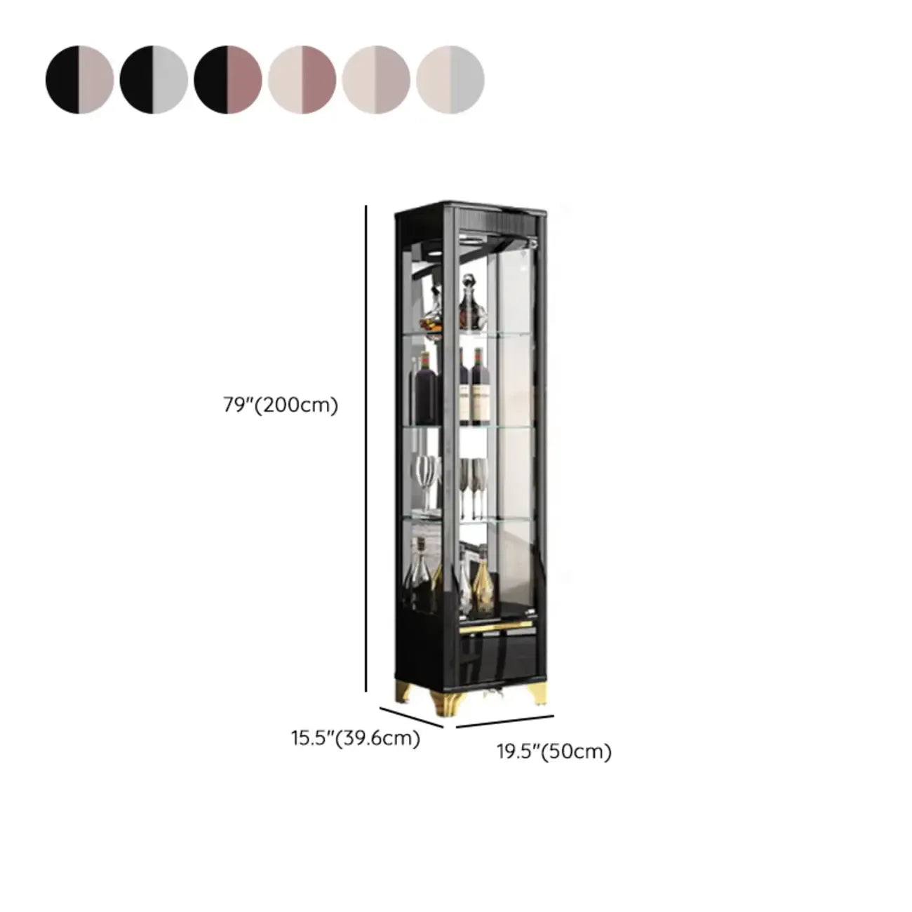 Élégante vitrine en verre avec pieds noirs et dorés