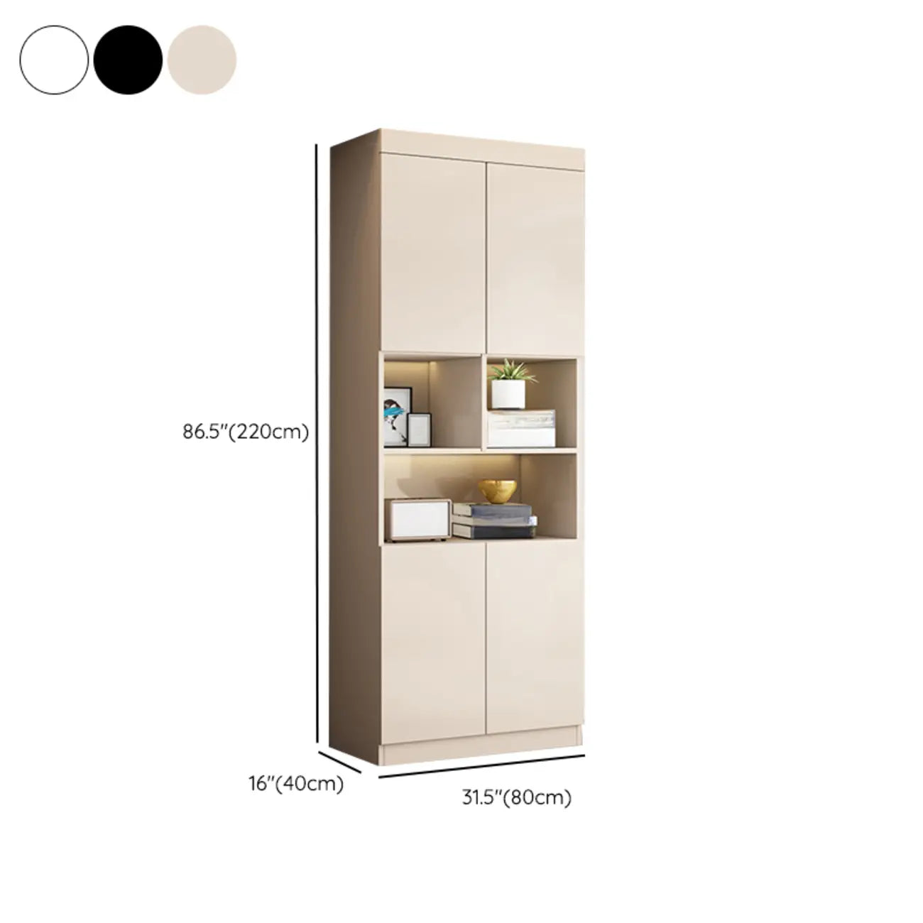 Grande vitrine de rangement ouverte en bois, du sol au plafond