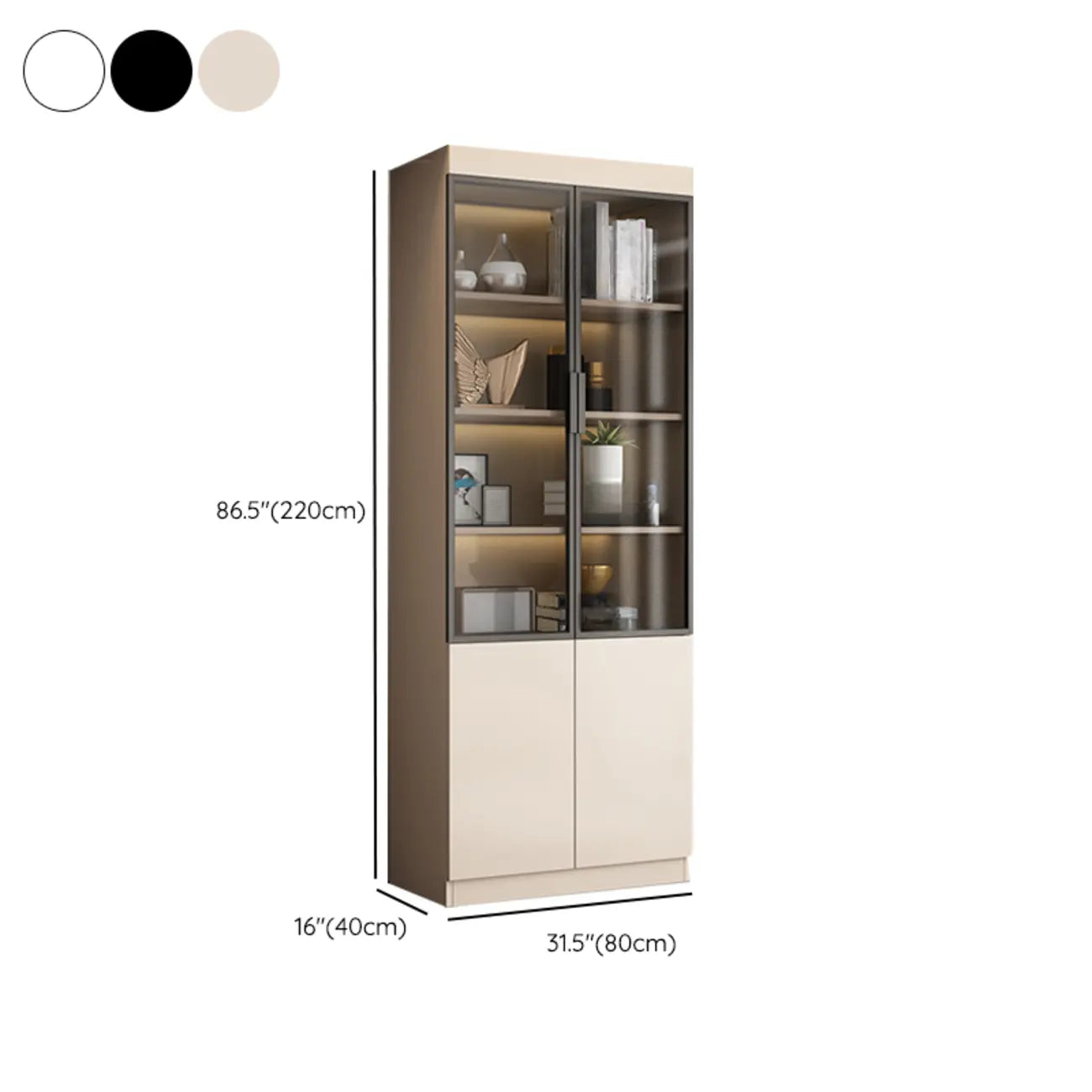 Grande vitrine de rangement ouverte en bois, du sol au plafond