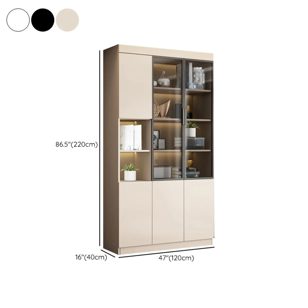 Grande vitrine de rangement ouverte en bois, du sol au plafond