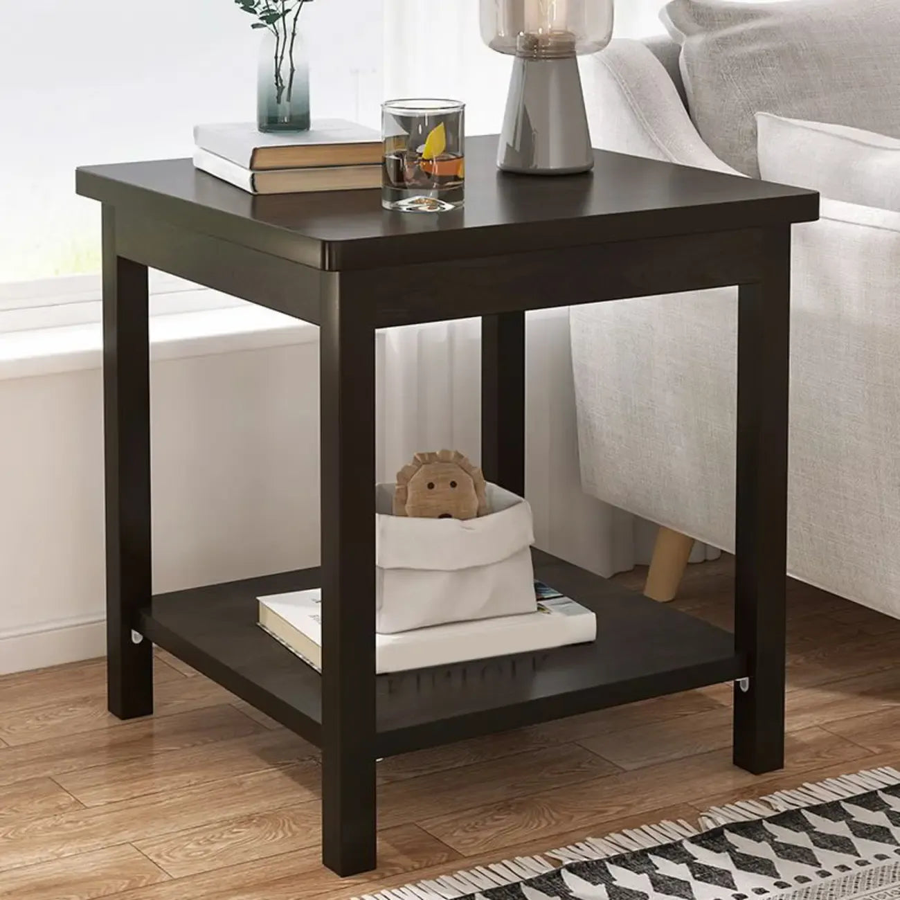 Table d'appoint minimaliste en bois noir avec rangement pour salon