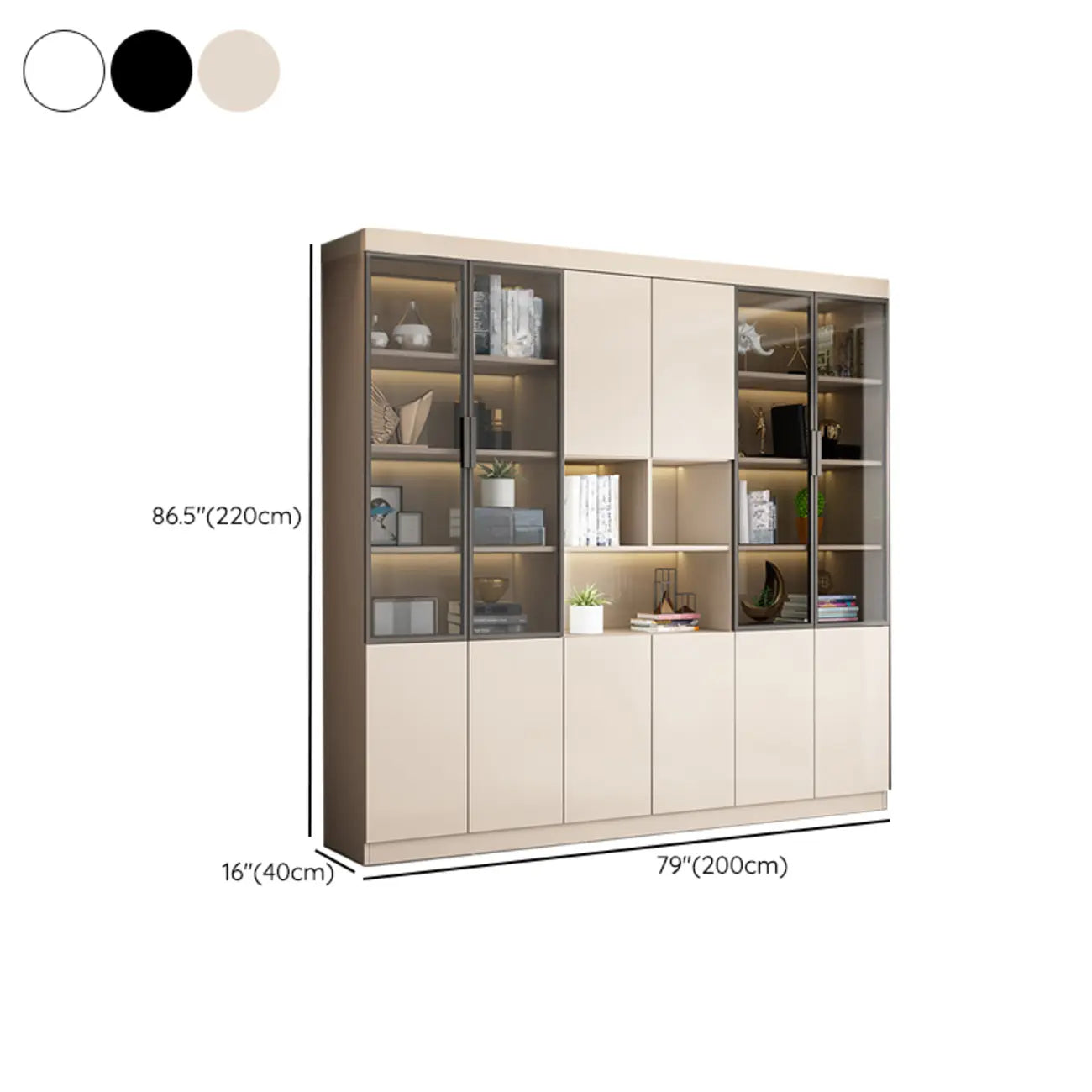 Grande vitrine de rangement ouverte en bois, du sol au plafond