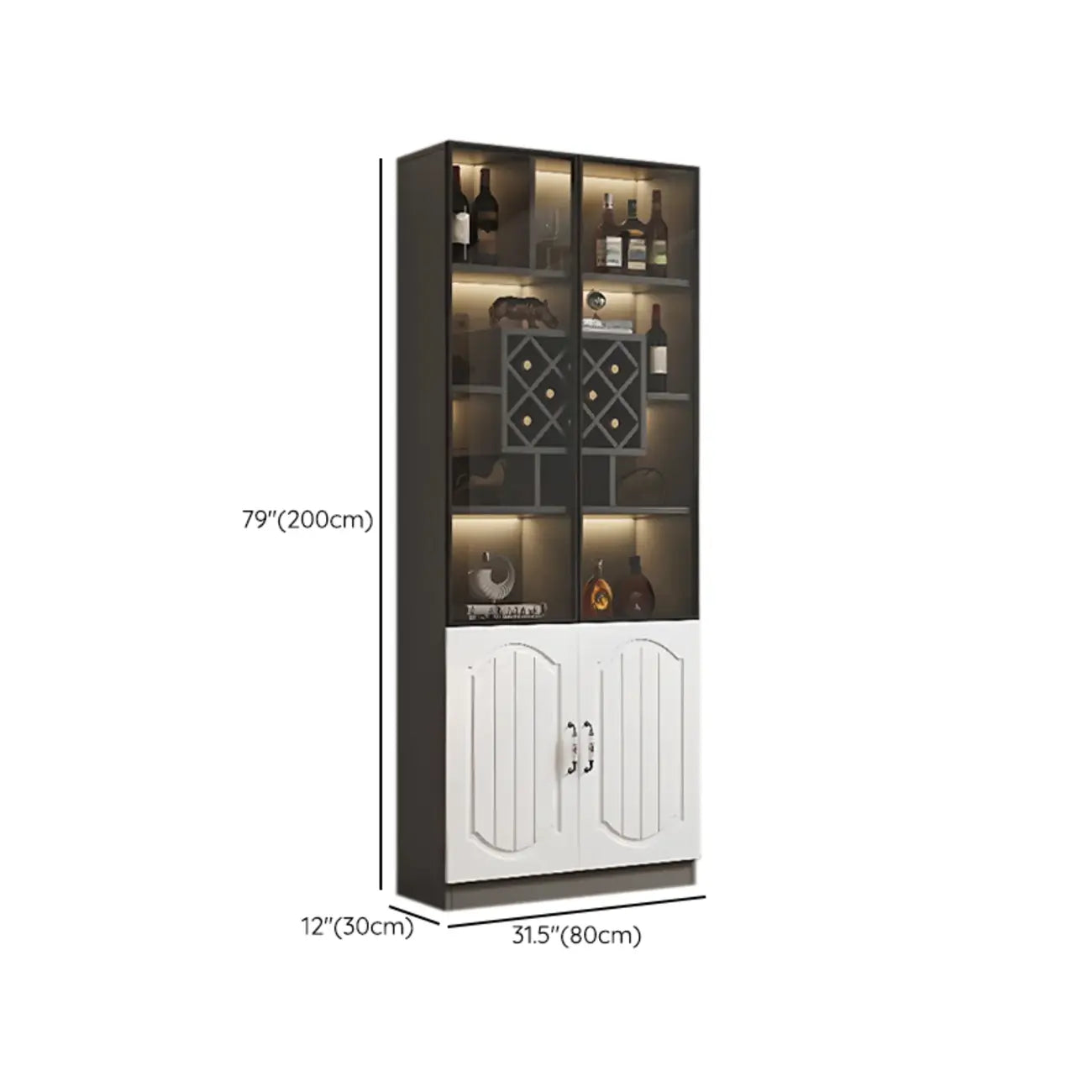 Vitrine en bois noir avec porte vitrée et rangement pour vin