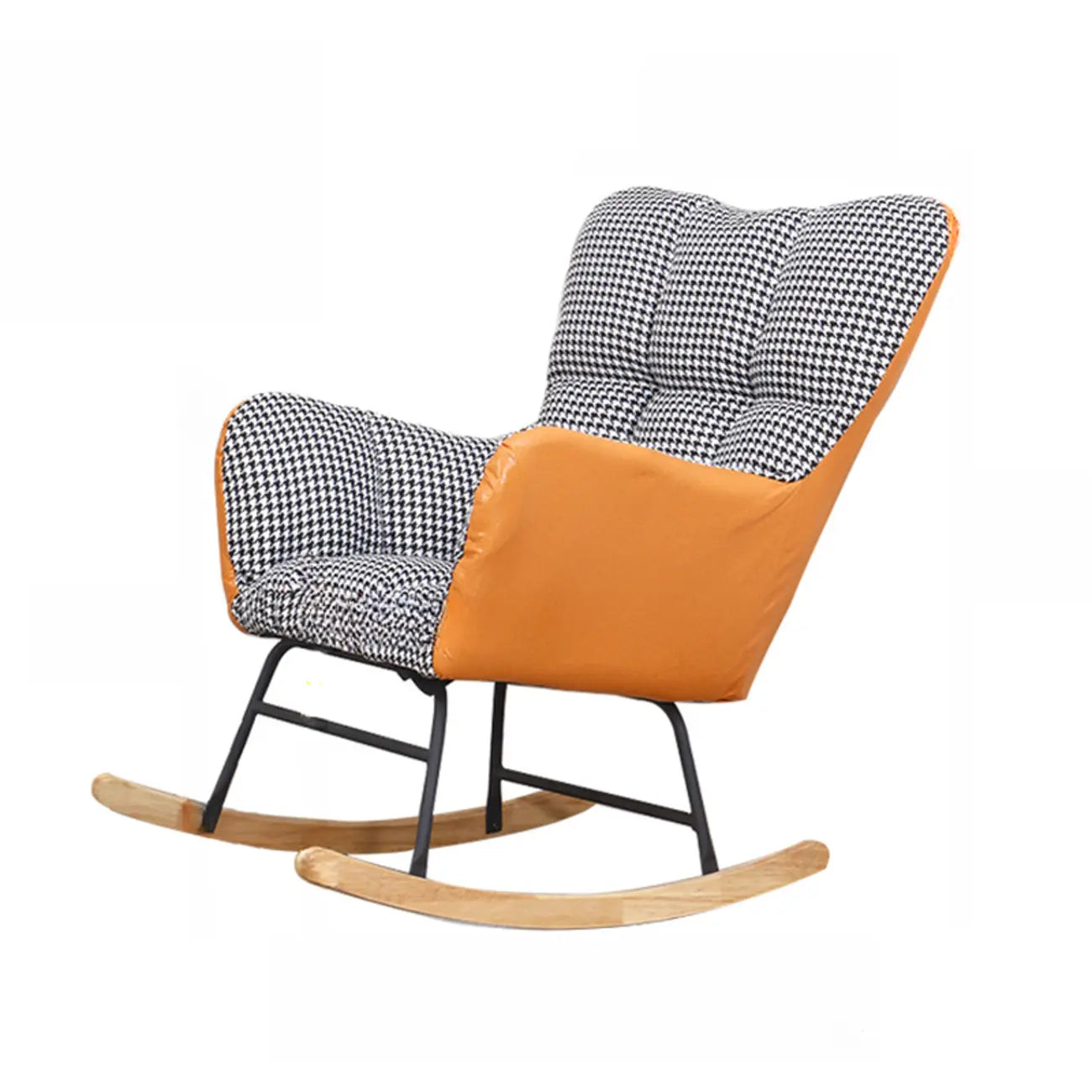 Fauteuil à bascule en bois rembourré de tissu technique avec accoudoirs encastrés