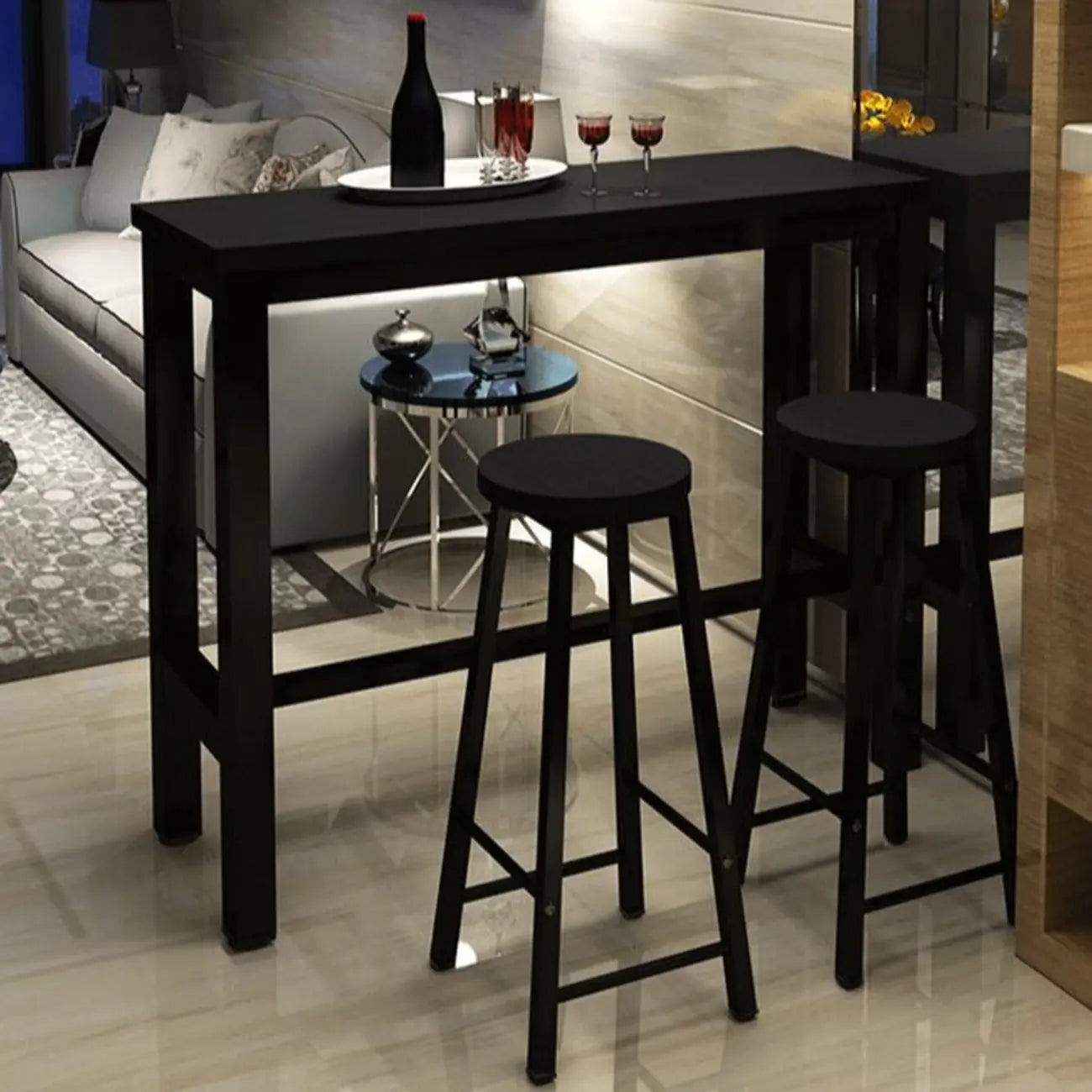 Table de bar moderne avec plateau en bois et pieds en métal