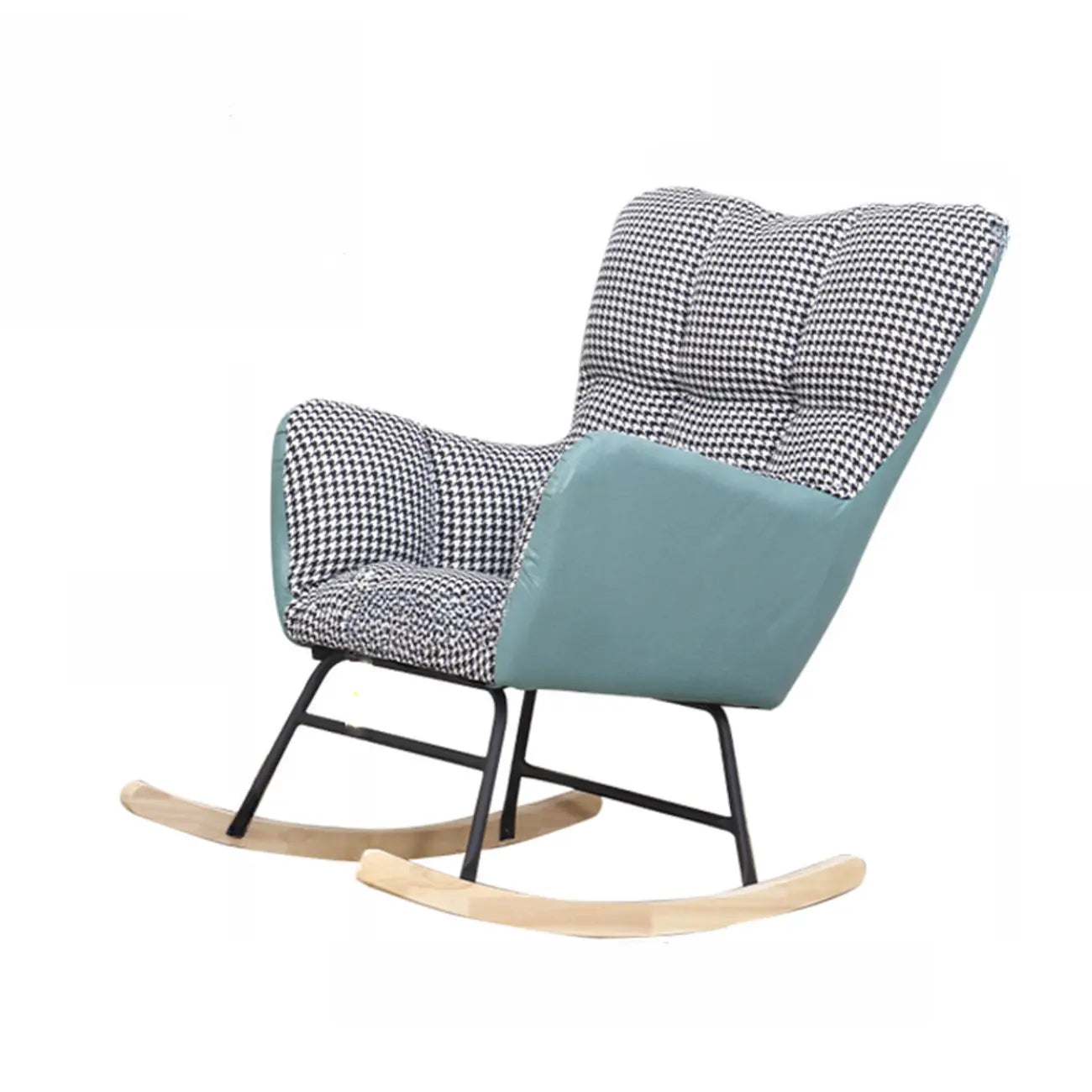 Fauteuil à bascule en bois rembourré de tissu technique avec accoudoirs encastrés