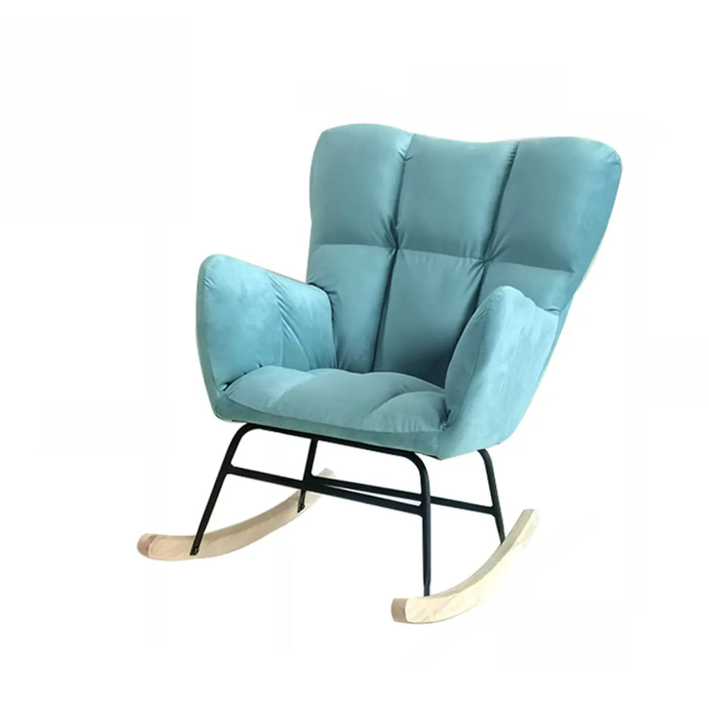 Fauteuil à bascule en bois rembourré de tissu technique avec accoudoirs encastrés