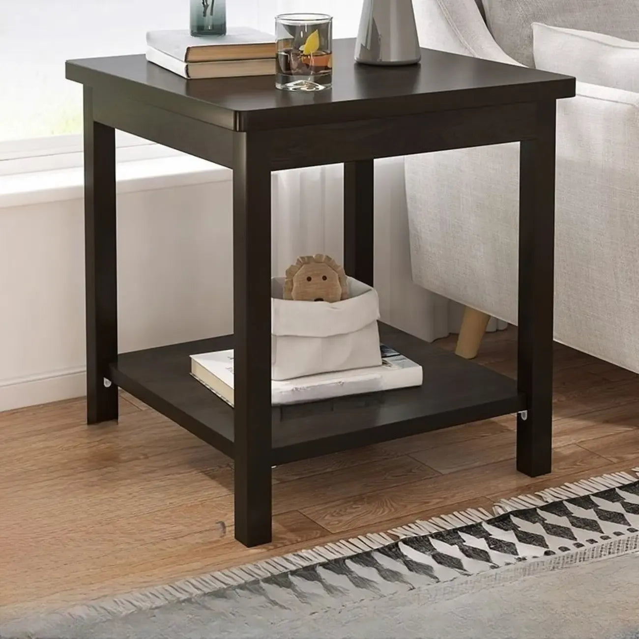 Table d'appoint minimaliste en bois noir avec rangement pour salon